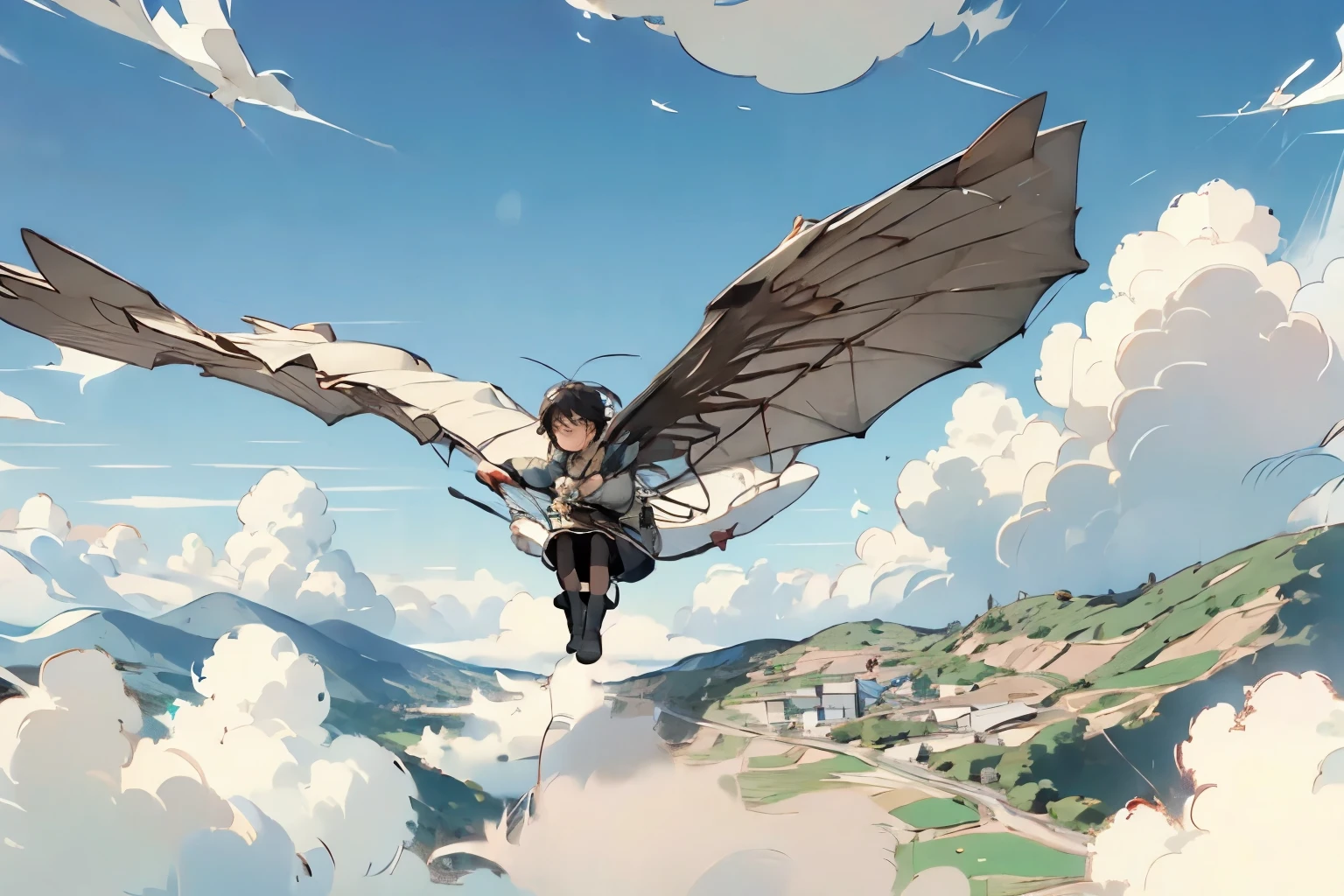  beautiful girl with high breasts、 fly in the sky on a glider in the shape of a bird's wing、Take off from a cliff 、Alone、 short cut hair、(goggles)、boots、 blue sky and white clouds 、 see a rural cityscape below 、Detailed Description、Dramatic composition、Best Quality、  High Resolution  、masterpiece、wallpaper、8k、