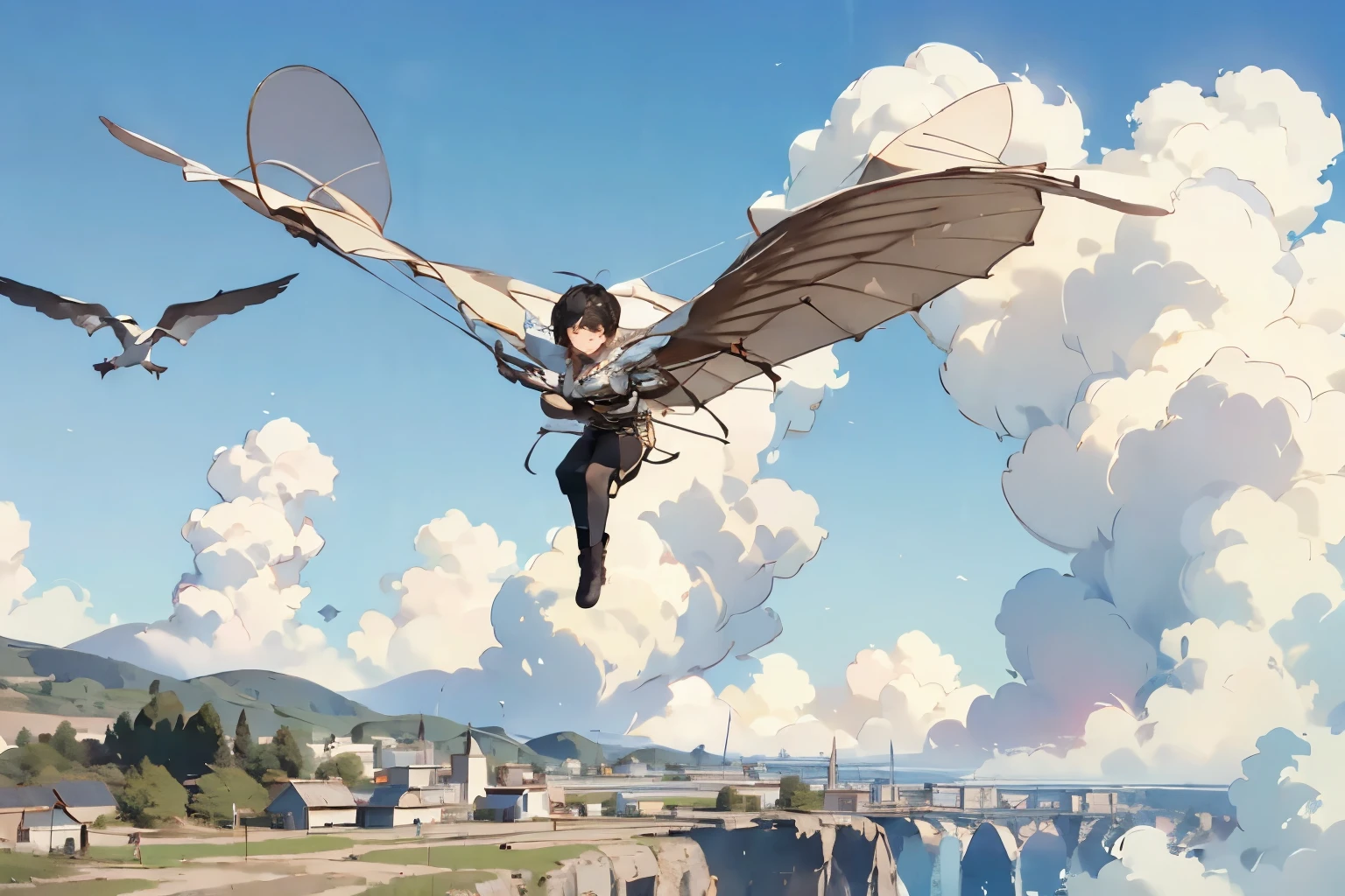  beautiful girl with high breasts、 fly in the sky on a glider in the shape of a bird's wing、Take off from a cliff 、Alone、 short cut hair、(goggles)、boots、 blue sky and white clouds 、 see a rural cityscape below 、Detailed Description、Dramatic composition、Best Quality、  High Resolution  、masterpiece、wallpaper、8k、