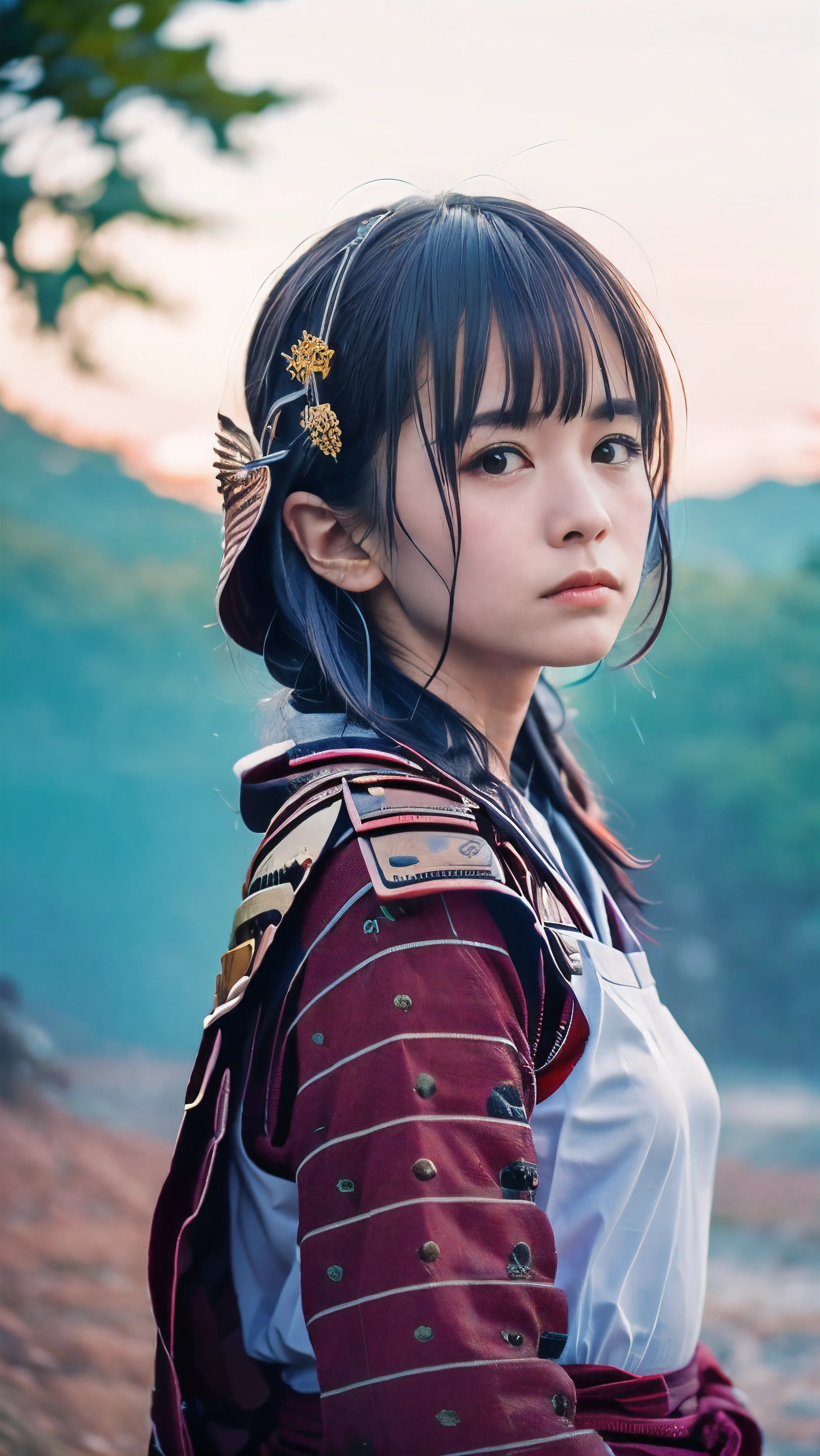 (Close up portrait of one slender small breasts half up brown long hair with bangs girl in a white colored samurai armor in Japan with heavy rain:1.5)、(One girl is looking up the sky on the wilderness land at Sengoku period in Japan with dirty sad face:1.5)、(The big fire and burning trees on the wilderness land with red sky:1.5)、(blurred background:1.5)、(Natural light:1.5)、(8k ultra detailed master piece:1.5)、(perfect anatomy:1.5)、(Photorealistic stick:1.5)、(Raw photo:1.3)、(highest quality:1.5)、(High resolution:1.3)、(Delicate and beautiful perfect face:1.3)、(Delicate and beautiful eye air skin:1.3)、(Real Human Skin:1.3)、((thin legs))