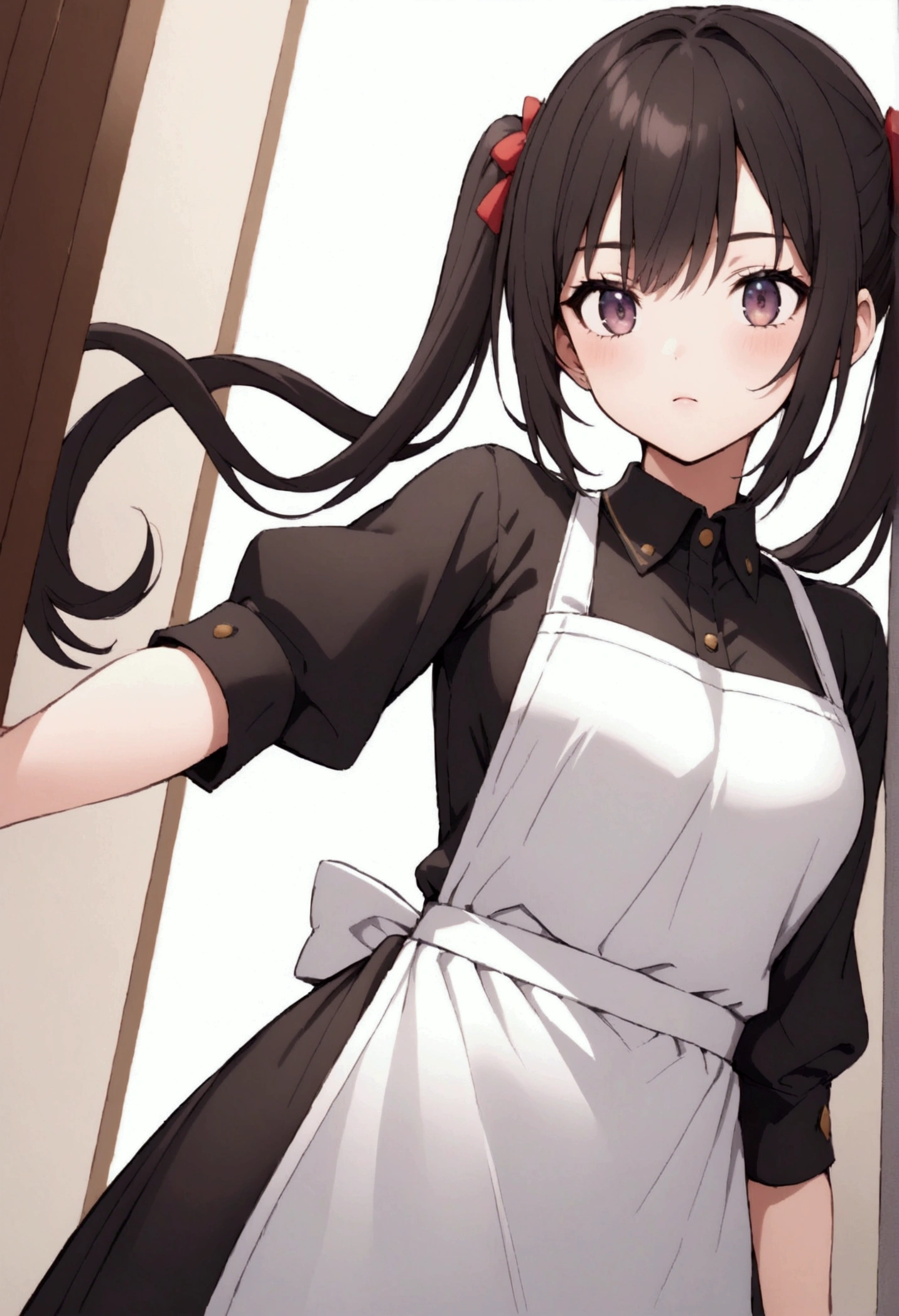 Beautiful dark-haired twin-tailed girl wearing an apron