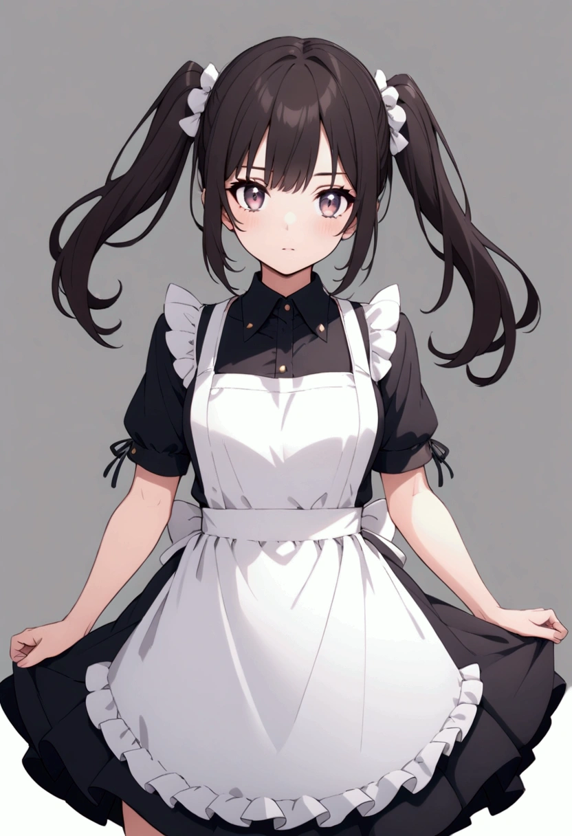 Beautiful dark-haired twin-tailed girl wearing an apron