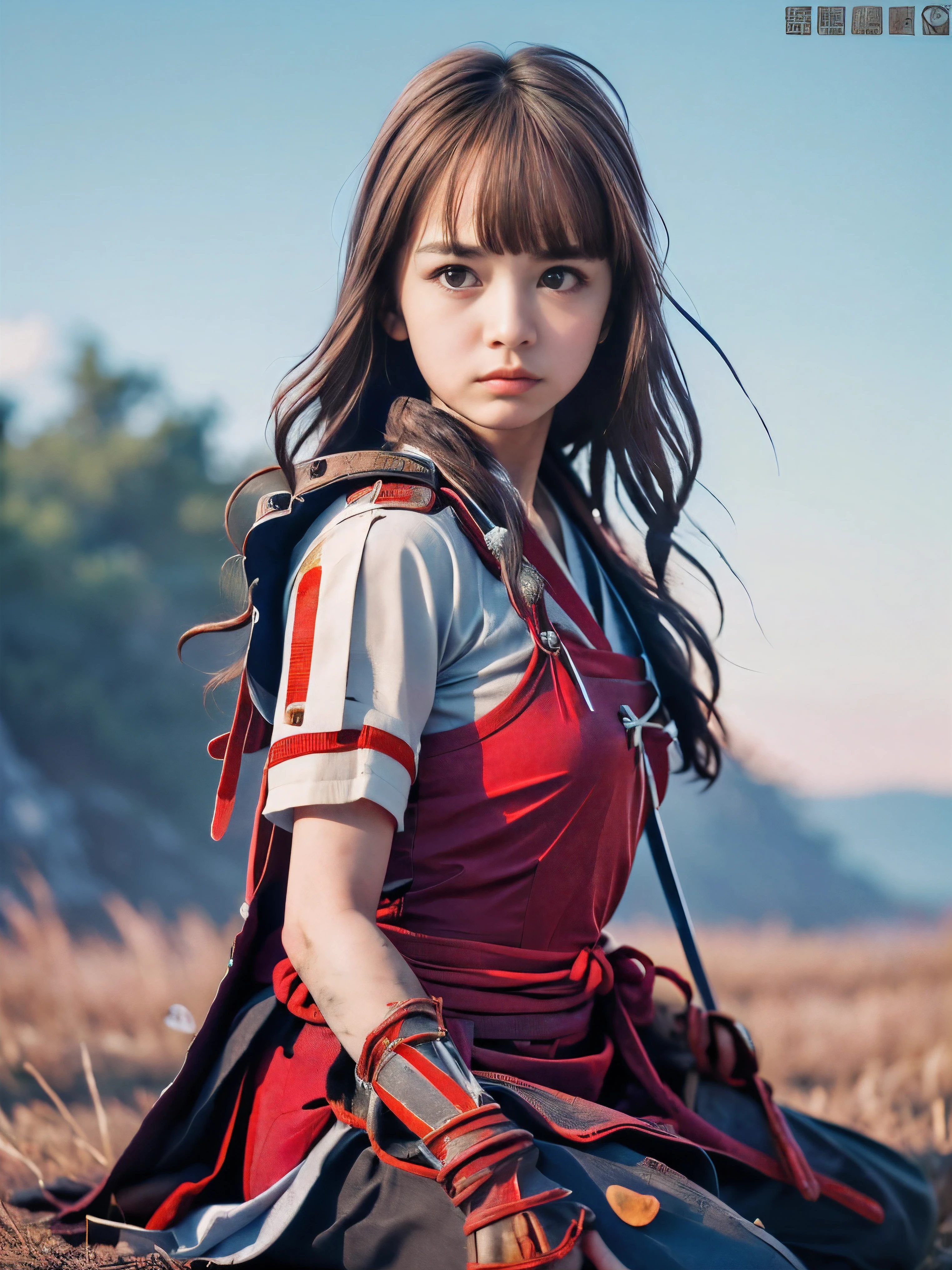 (The big fire flame and burning trees on the wilderness land with red sky:1.5)、(Close up portrait of one slender small breasts red wavy long hair with dull bangs girl in a red colored samurai armor:1.5)、(One girl is kneeling with white edge Katana sword on hand in the burning wilderness land at Sengoku period in Japan with dirty sad face:1.5)、(blurred background:1.5)、(Natural light:1.5)、(8k ultra detailed master piece:1.5)、(perfect anatomy:1.5)、(Photorealistic stick:1.5)、(Raw photo:1.3)、(highest quality:1.5)、(High resolution:1.3)、(Delicate and beautiful perfect face:1.3)、(Delicate and beautiful eye air skin:1.3)、(Real Human Skin:1.3)、((thin legs))