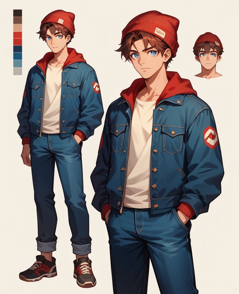 Anime Style ,Solo ,human Male 20 Years ,Adolescent   , Brown Hair Style , wearing red  beanie , wearing dark blue denim jacket  , dark blue pupils ,Simple background,character sheet , concept art ,