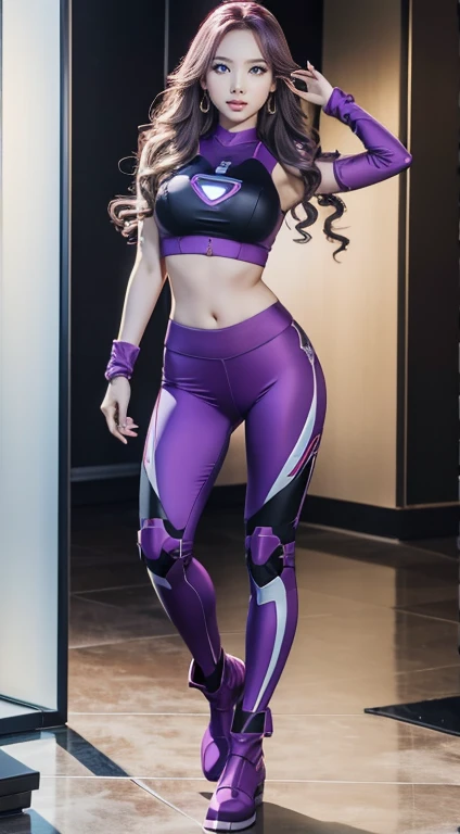 Teenage girl, red hair and green eyes, long, wavy and hot hair, purple top hero suit and purple shorts, naive expression, realistic flying, highly detailed, high quality. Full body