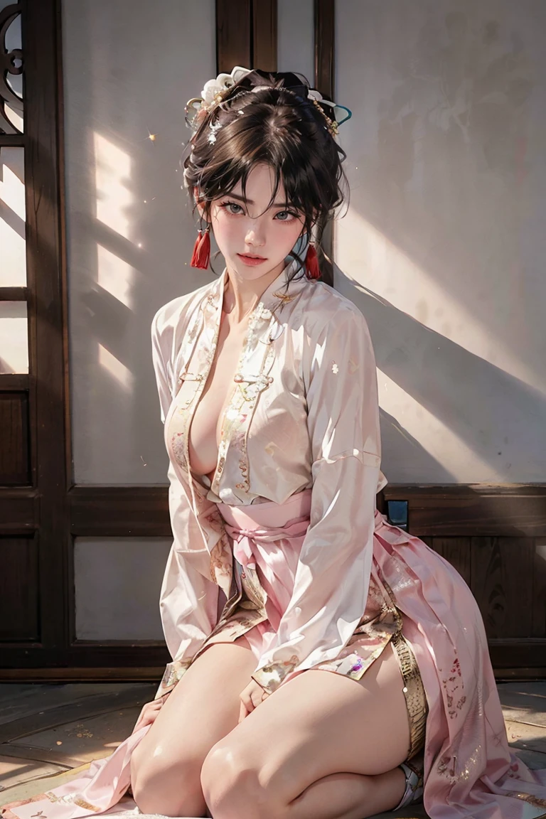 1boy, masterpiece, best quality, extremely detailed CG unity 8k wallpaper, (Upper Body head close-up shot of a beautiful ), Elegant short brown hair, man's hairstyle, (Mckenna Grace), ((BIG BOOBS,thighs)), ((pink-white)) golden ((Glittering tutu, sexy Chinese hanfu clothes)), ((Kneel,Lean forward,from below)), (Blush), oil skin, (seductive smile), (Wonderland), pretty face, key art, award winning, intricate detail realism hdr, by (ruan jia and artgerm and range murata), Photorealism, Hyperrealism, ultra realistic, dramatic light, intense shadows, gorgeous view, depth of field
