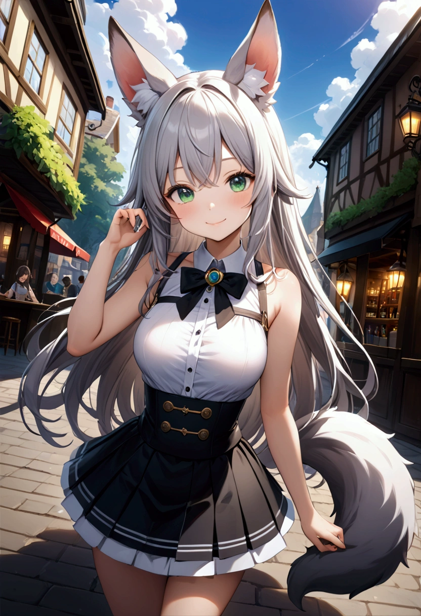 1 girl 、cute、green eyes, Gray Hair, Long Hair,  like fur ,Animal ears,Tail,  Mini Pleated Skirt  , masterpiece、Noise Reduction、 Perfect Anatomy、 High Resolution 、Super detailed、Game CG、 Dutch angle、  beautiful details 、Visual Arts、Perfect hands、Bright lighting、smile、 in the pub、town、Daytime、  fantasy 、Outdoor、blue sky、 White Clouds 、 standing、