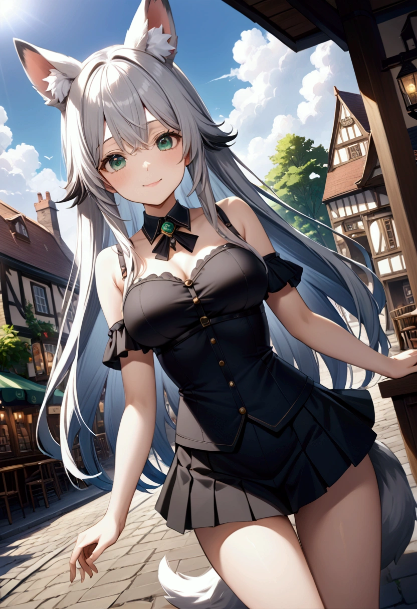 1 girl 、cute、green eyes, Gray Hair, Long Hair,  like fur ,Animal ears,Tail,  Mini Pleated Skirt  , masterpiece、Noise Reduction、 Perfect Anatomy、 High Resolution 、Super detailed、Game CG、 Dutch angle、  beautiful details 、Visual Arts、Perfect hands、Bright lighting、smile、 in the pub、town、Daytime、  fantasy 、Outdoor、blue sky、 White Clouds 、 standing、