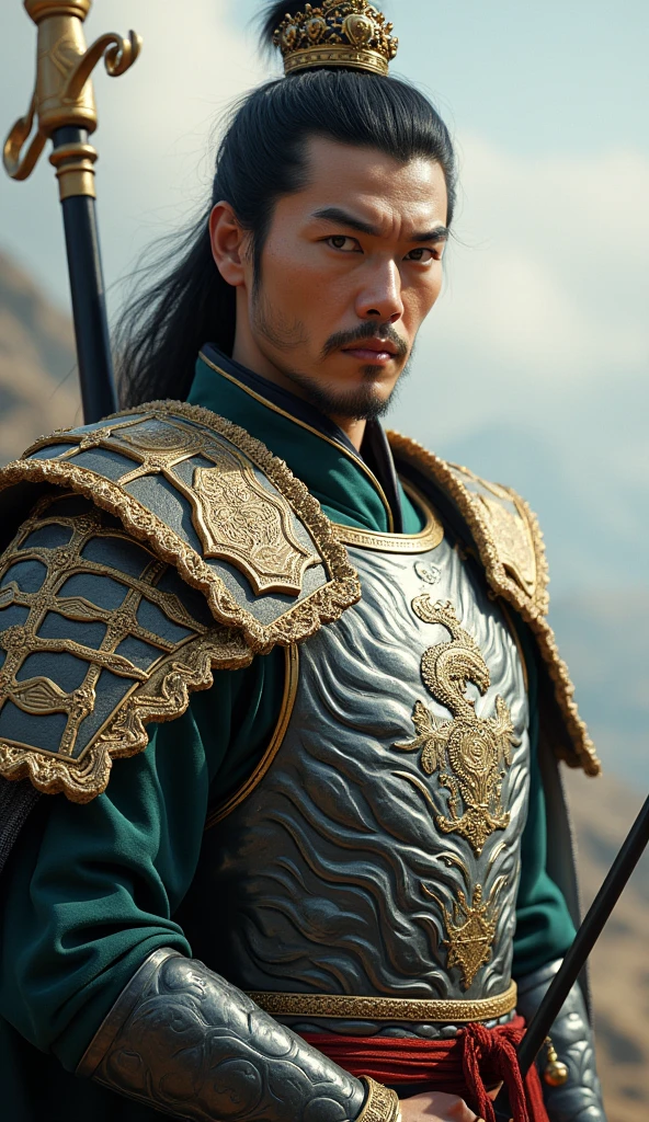 The realistic face of a handsome man in ancient China,A male warrior with great martial arts ,Wearing a crown, Wears a white dragon pattern on a golden armor ,A golden dragon cape on his shoulders ,A spear with a golden dragon in one hand(Cold weapons), Riding a white war horse on a hill
Just the upper body of the character, Clear character face