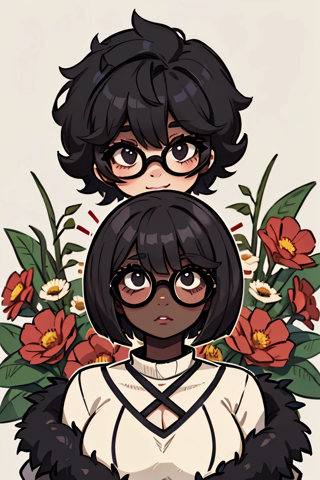 Solo, female, dark skin, curly hair, (((short hair))), Black spiky hair, wolf cut,  lipstick, eyeliner, eyelashes, thick eyelashes, dark skin glasses, mature female, chubby face, flowers in hair