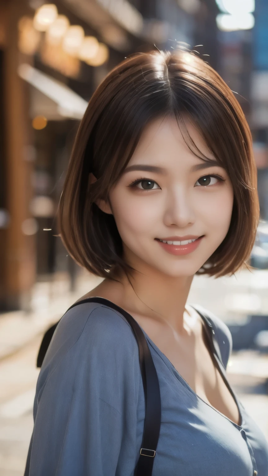 8k、Best Quality、Ultra Wide Angle Monofocal Lens 、(Representative Works:1.2)、(Real)、(Real:1.37)、 super high definition、３０1 female、Beautiful teeth alignment、smile、Well-formed fingers、 ponytail、Walking around the city、(Casual shirts)、Big Breasts、Perfect body、 perfect finger、Beautiful Skin、Professional Lighting、gravure、Face and skin detail、Microparticles、RAW Photos