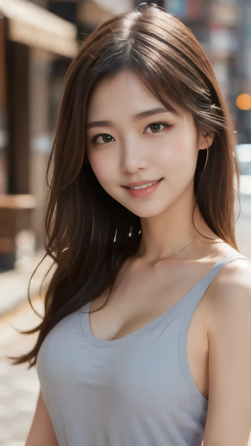 8k、Best Quality、Ultra Wide Angle Monofocal Lens 、(Representative Works:1.2)、(Real)、(Real:1.37)、 super high definition、３０1 female、Beautiful teeth alignment、smile、Well-formed fingers、 ponytail、Walking around the city、(Casual shirts)、Big Breasts、Perfect body、 perfect finger、Beautiful Skin、Professional Lighting、gravure、Face and skin detail、Microparticles、RAW Photos