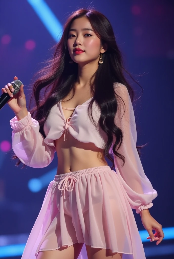 high-level image quality、hight resolution、11years old girl、小柄、japanes、a beauty girl、Idol singer、sing at stage、No microphone、Sexy underwear figure、Obscene poses、Provocative underwear、Shooting from directly below、