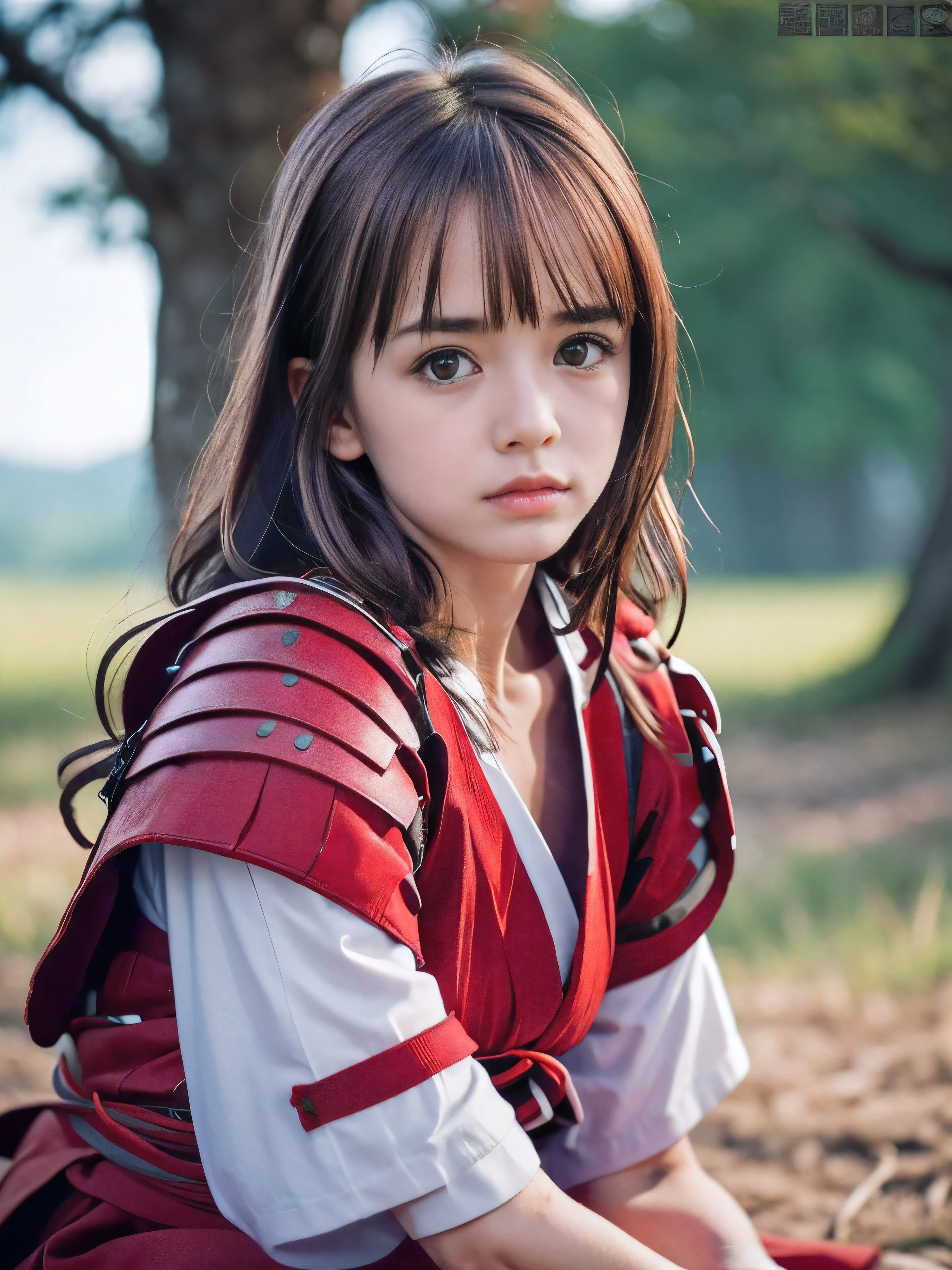 (The big fire flame and burning trees on the wilderness land with red sky:1.5)、(Close up portrait of one slender small breasts red wavy long hair with dull bangs girl in a red colored samurai armor:1.5)、(One girl is kneeling with white edge Katana sword on hand in the burning wilderness land at Sengoku period in Japan with dirty sad face:1.5)、(blurred background:1.5)、(Natural light:1.5)、(8k ultra detailed master piece:1.5)、(perfect anatomy:1.5)、(Photorealistic stick:1.5)、(Raw photo:1.3)、(highest quality:1.5)、(High resolution:1.3)、(Delicate and beautiful perfect face:1.3)、(Delicate and beautiful eye air skin:1.3)、(Real Human Skin:1.3)、((thin legs))