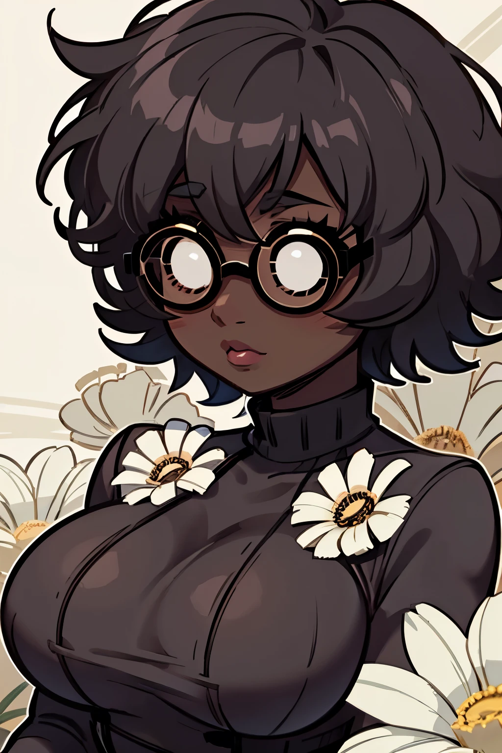 Solo, female, dark skin, curly hair, (((short hair))), Black spiky hair, wolf cut,  lipstick, eyeliner, eyelashes, thick eyelashes, dark skin glasses, mature female, chubby face, flowers in hair