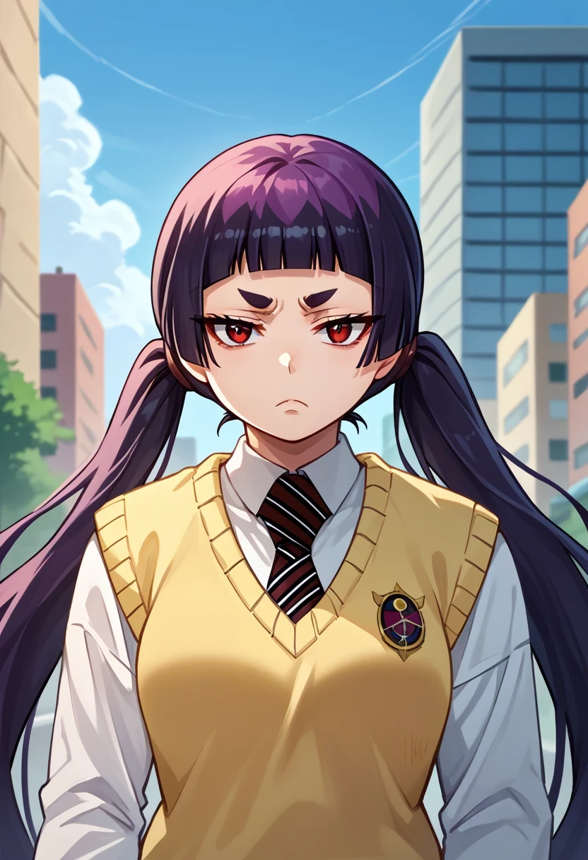 score_9, score_8_up, score_7_up, score_6_up, source_anime, 1girl, solo, izumokamiki, eyebrows, dark purple hair, black hair, low twintails, blunt bangs, red eyes, collared shirt, striped necktie, yellow sweater vest, white shirt, long sleeves, lavender skirt, breasts, looking at you, bored, upper body, portrait, blue sky, city, thighs