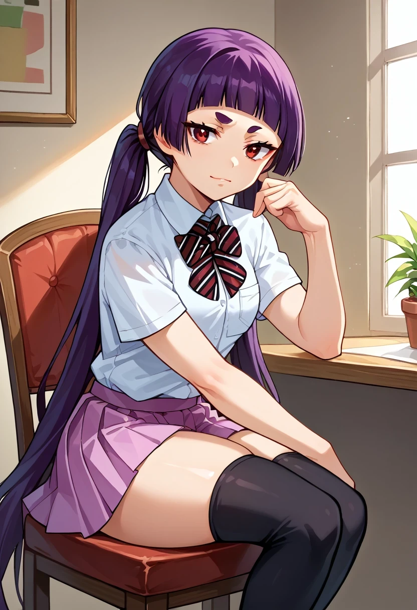 score_9, score_8_up, score_7_up, score_6_up, source_anime, 1girl, solo, izumokamiki, eyebrows, dark purple hair, low twintails, blunt bangs, red eyes, white shirt, collared shirt, short sleeves, striped bow, pleated skirt, lavender skirt, thighs, black thighhighs, breasts, sitting, looking at you, light smile, bored, sitting, chair, indoors