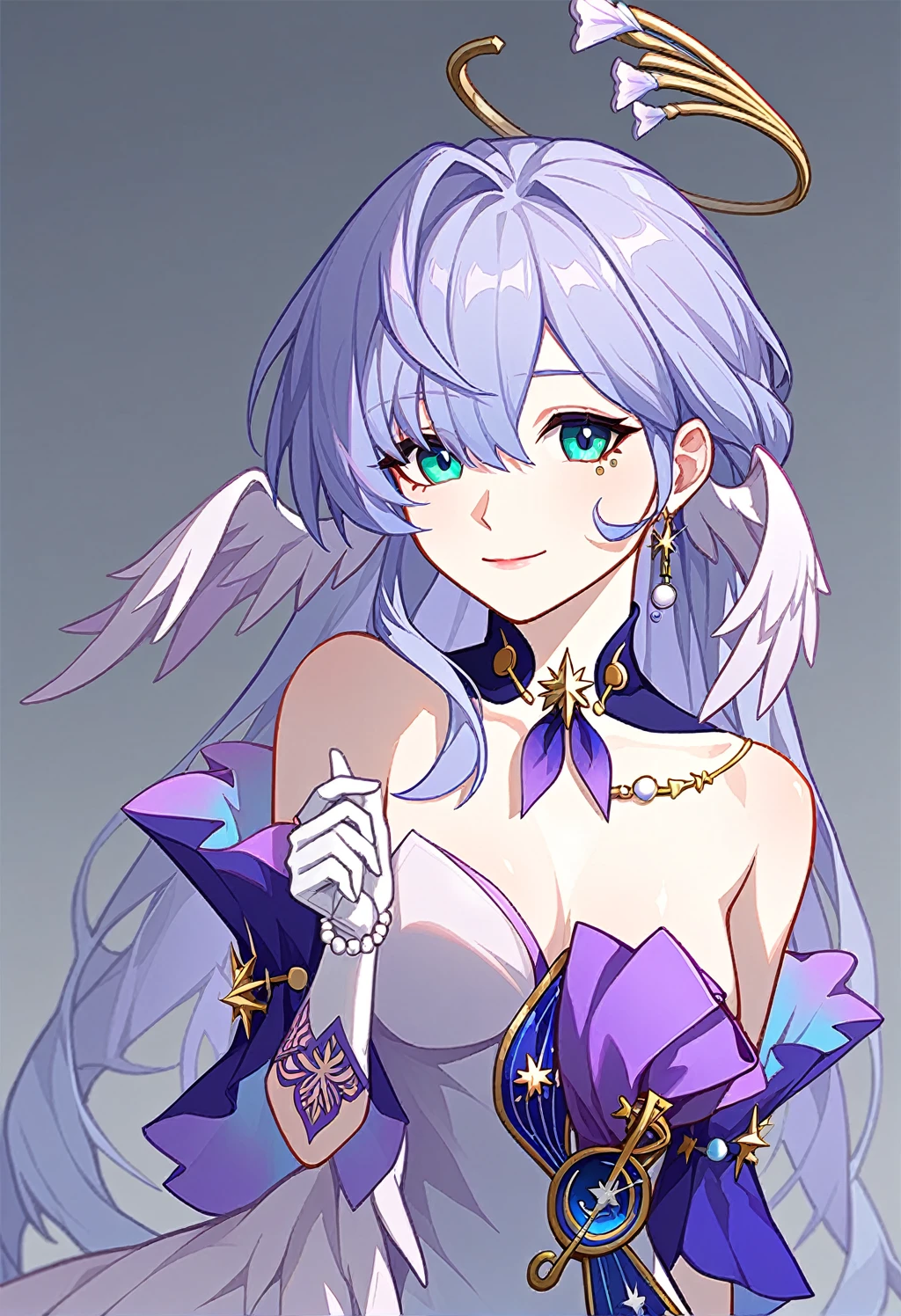 1girl, robin_\(honkai:_star_rail\), bare_shoulders, head_wings, white_dress, white_gloves, detached_sleeves, short_sleeves, aqua_eyes, long_hair, halo, purple_dress, hair_between_eyes, earrings, purple_hair