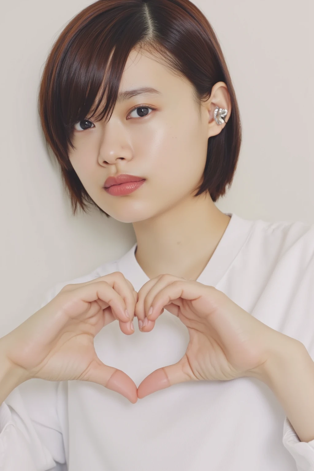 (((Make a heart shape with your hands:1.3))), smile:2.0、 (RAW Photos、8k、32K、masterpiece、Realistic、  photoreal:1.37)、Cute Japanese women images、Tank tops、Photographed in natural light、  upper body、1 girl、Photo Mapping、 Physically Based Rendering、Excellent image quality、  High Resolution  、1080P、(Beautiful Face)、(Detailed description of the face)、( Detailed description of the hand setter&#39;Muscle area)、(Detailed CG)、Rich details、( great features :1.35)、(Detailed eyes)、 I'm looking forward to your eyes、Delicate clavicle、Various poses、非常にリアルで詳細な若い女性の  upper bodyポートレート。The skin is beautiful、Soft light is reflected in the high part of the cheek.、 Tiny pores and hair follicles、 Even the tiniest blood vessels are visible。The skin is smooth、Natural flushing of the cheeks、Gives a healthy glow。 The eyes are large and clear blue、 The iris has fine patterning、 Light is reflecting and shining in the eye。 There is a slight shadow under the eye、 Her eyelashes are long and naturally curled。 Her lips are a soft pink color、 Smooth texture and natural glow、 Slightly reflects light。 The woman is wearing a simple white top.、 The background is a pale monochrome gradient.、焦点は完全に顔と  upper bodyに当たっている。Realistic shadows and textures、Photographic depiction.。