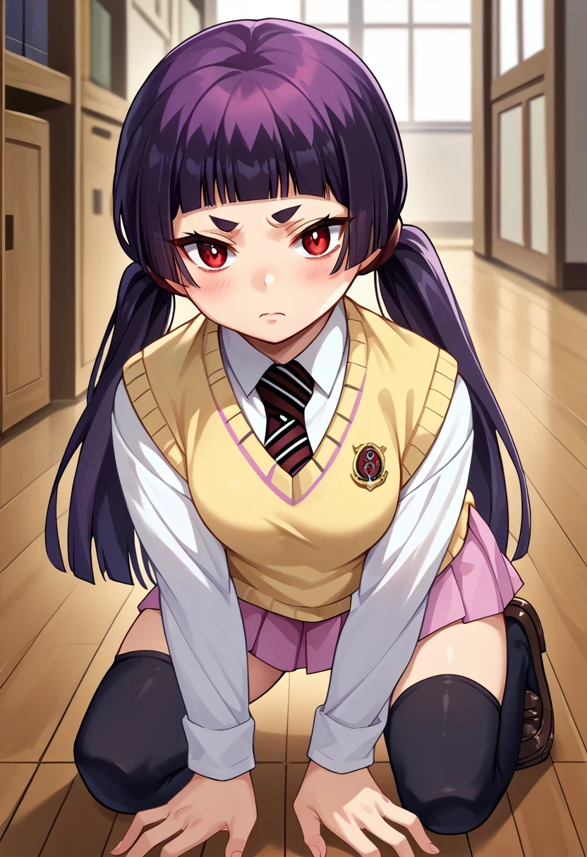 score_9, score_8_up, score_7_up, score_6_up, source_anime, 1girl, solo, izumokamiki, eyebrows, dark purple hair, black hair, low twintails, blunt bangs, red eyes, collared shirt, striped necktie, yellow sweater vest, white shirt, long sleeves, lavender skirt, kneeling, looking at you, loafers, black thighhighs, blush, floor, indoors, looking at you