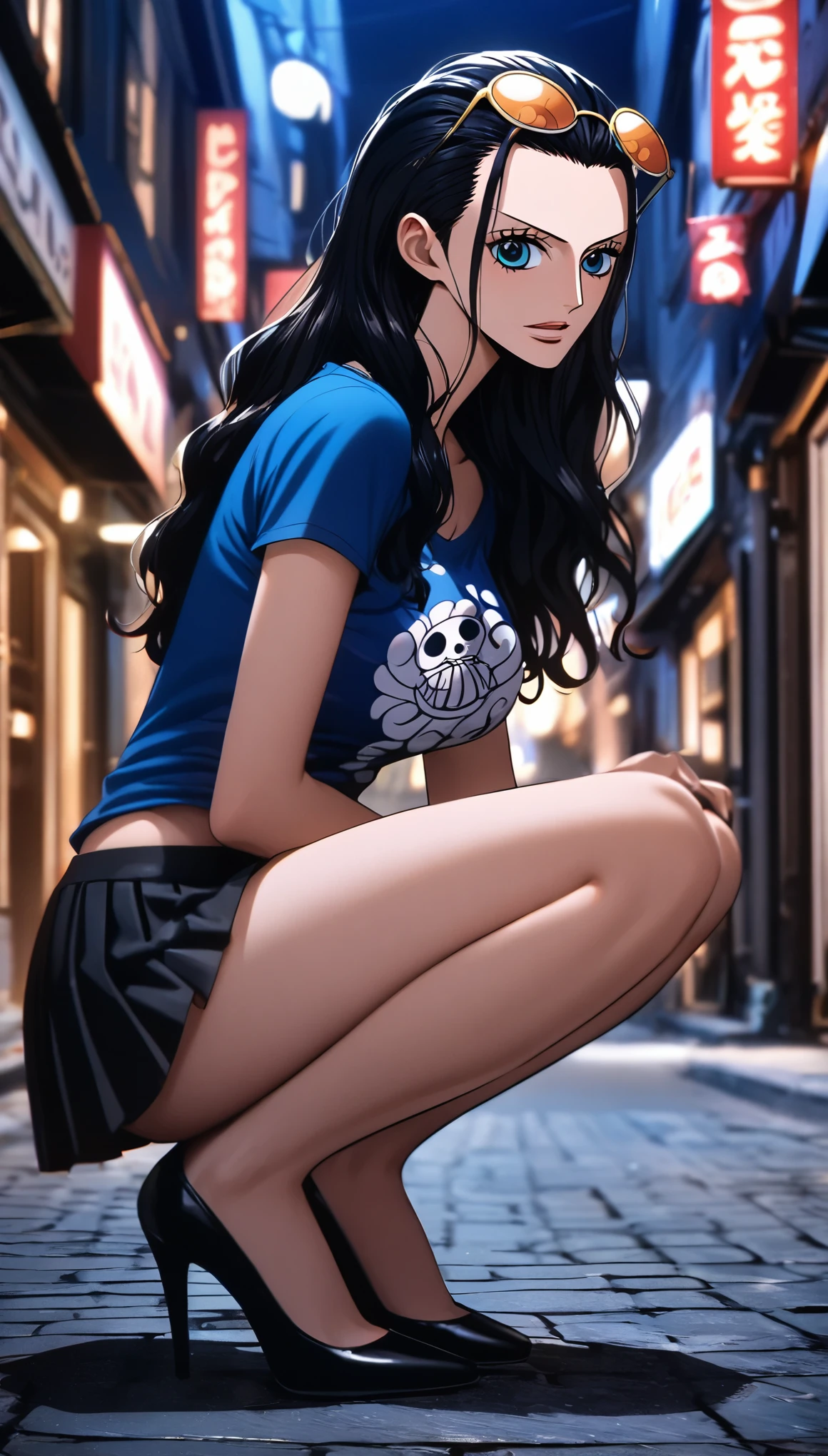 masterpiece, best quality, intricate details, 1 girl, woman, black hair, nico robin \ (one piece\), (long hair), eyewear on head, t-shirt, pleated skirt, female focus, looking at viewer, ((side view)) ((close up shot)) ((solo)) ((hair slicked back)) detailed, very high resolution, no blurry image, high heels, full body, thigh, squatting, slim legs, blue eyes, straight hair, ((nico robin from one piece)) ((female nico robin from one piece)), outdoors, street, night