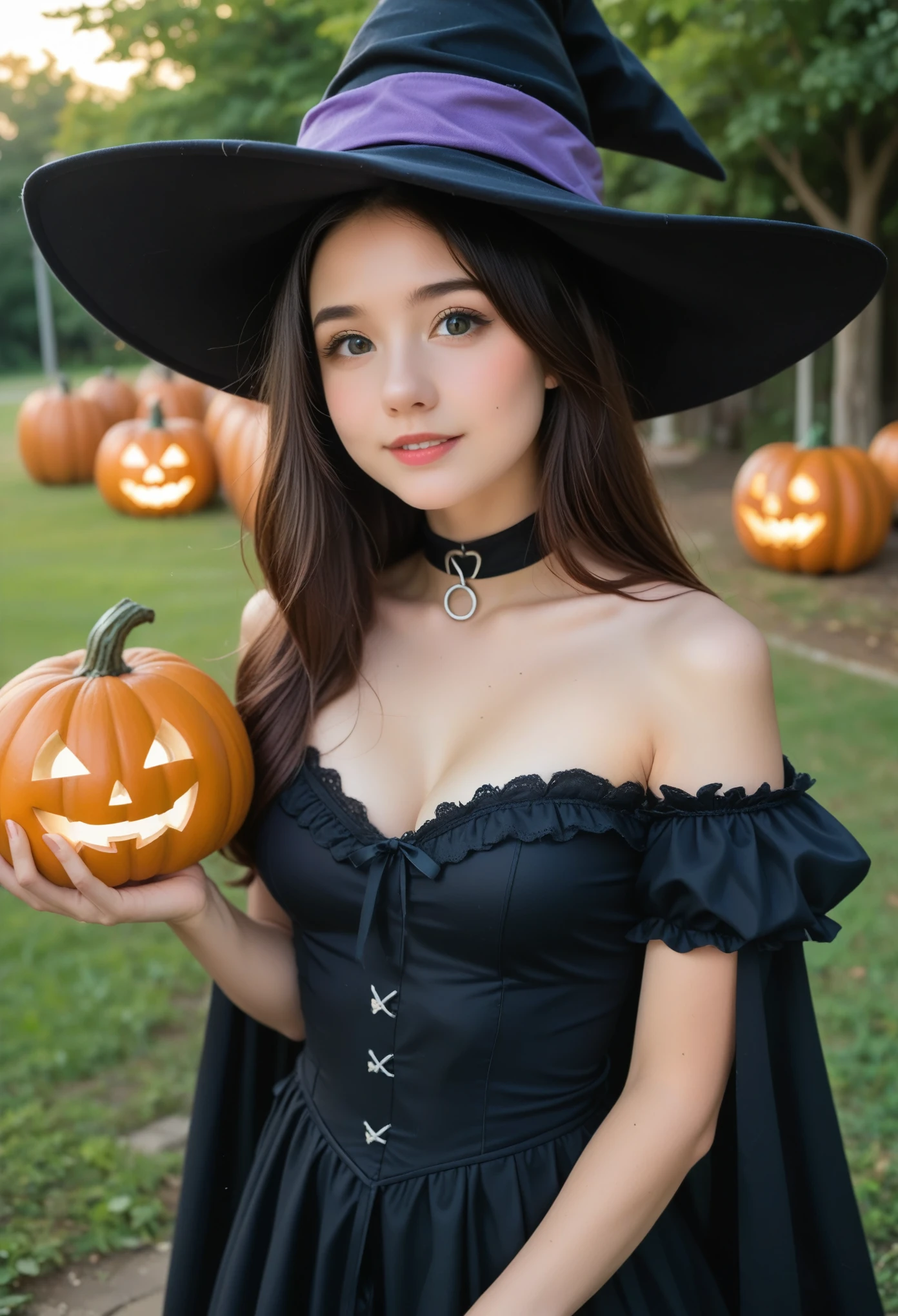 expressiveh, rating_explicit, nsfw, uncensored, best quality, 8k, 4k, photorealistic, sharp focus, film grain, bokeh, depth of field, (participating in a sexy halloween costume contest:1.25), cleavage, beautiful smile, dynamic, perfecteyes, epicPhoto