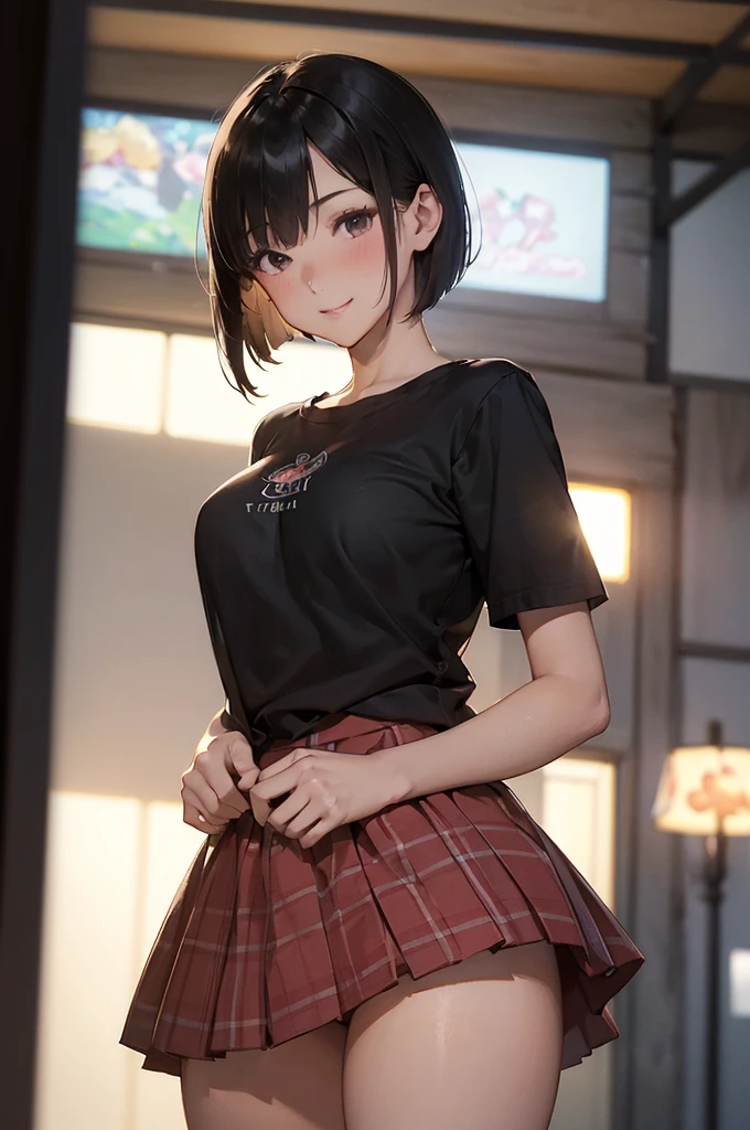 ((NSFW:1.1))、((Big Breasts))、1 female、(( black t-shirt 、red check micro miniskirt))、((red check micro miniskirt、Micro Short Skirt))、((Very short black hair、Short Hair、Short Bob))、((smile))、A sweet face、((Waiting for a kiss))、(( close-up ))、背景はnoon間の街、((最high quality))、 ((photograph))、 (detailed)、(リアルなphotograph、最high quality、detailed)、(8k wallpaper)、( Cinematic Lighting 、Beautiful light、(noon:1.3)) ( Sharp Focus 、complicated)、(( standing facing the viewer))、((True Face))、Bright sunlight、From below、((masterpiece))、((最high quality))、 ((超detailed))、 (Illustration)、 (( Extremely delicate and beautiful ))、 masterpiece、high quality、detailedな顔を描く、Blurred Background、4K、目の中の超complicatedな瞳孔、Slender、( super delicate and beautiful skin )、 Perfect Anatomy、(masterpiece、最high quality)、(超detailedな8K)、( perfect design )、 High Resolution 、((blush))、 (Super Illustrated )、masterpiece、最high quality、 High Resolution 、masterpiece、最high quality、極めてdetailed、(( 1 girl))