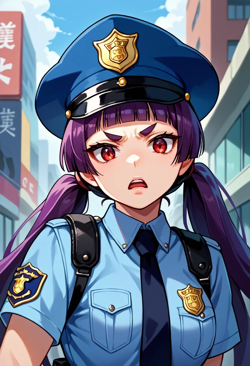 score_9, score_8_up, score_7_up, score_6_up, source_anime, 1girl, solo, izumokamiki, eyebrows, dark purple hair, low twintails, blunt bangs, red eyes, policewoman, police hat, police uniform, looking at you, breasts, open mouth, serious, city