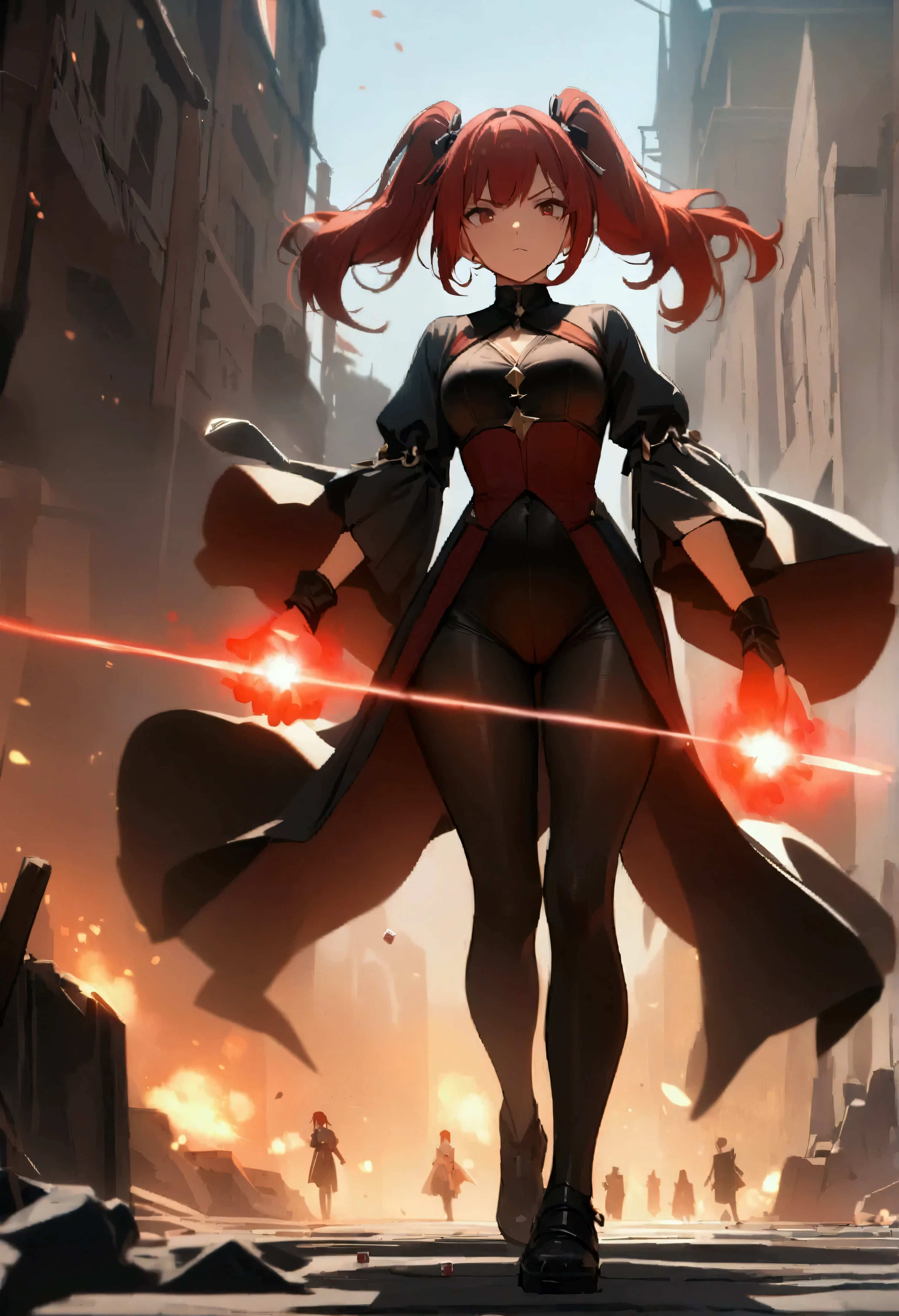 1girl, solo, masterpiece, best quality, black leotard, long sleeves, pirate costume, pirate hat, boots, body infused with electricity, lighting, particles, redhead, green eyes, blue aura, energy field, full body shot, depth of field, looking at viewer, spread arms, bare legs, medium breasts, bob hair, perfect anatomy, perfect hands