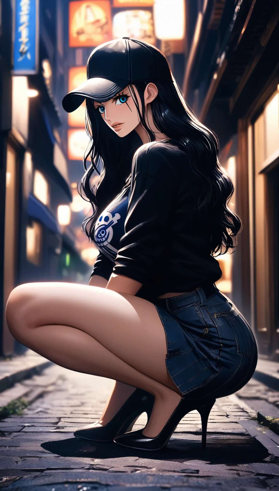 masterpiece, best quality, intricate details, 1 girl, woman, black hair, nico robin \ (one piece\), (long hair), baseball cap, t-shirt, pleated skirt, female focus, looking at viewer, ((side view)) ((close up shot)) ((solo)) ((hair slicked back)) detailed, very high resolution, no blurry image, high heels, full body, thigh, squatting, slim legs, blue eyes, straight hair, ((nico robin from one piece)) ((female nico robin from one piece)), outdoors, street, night