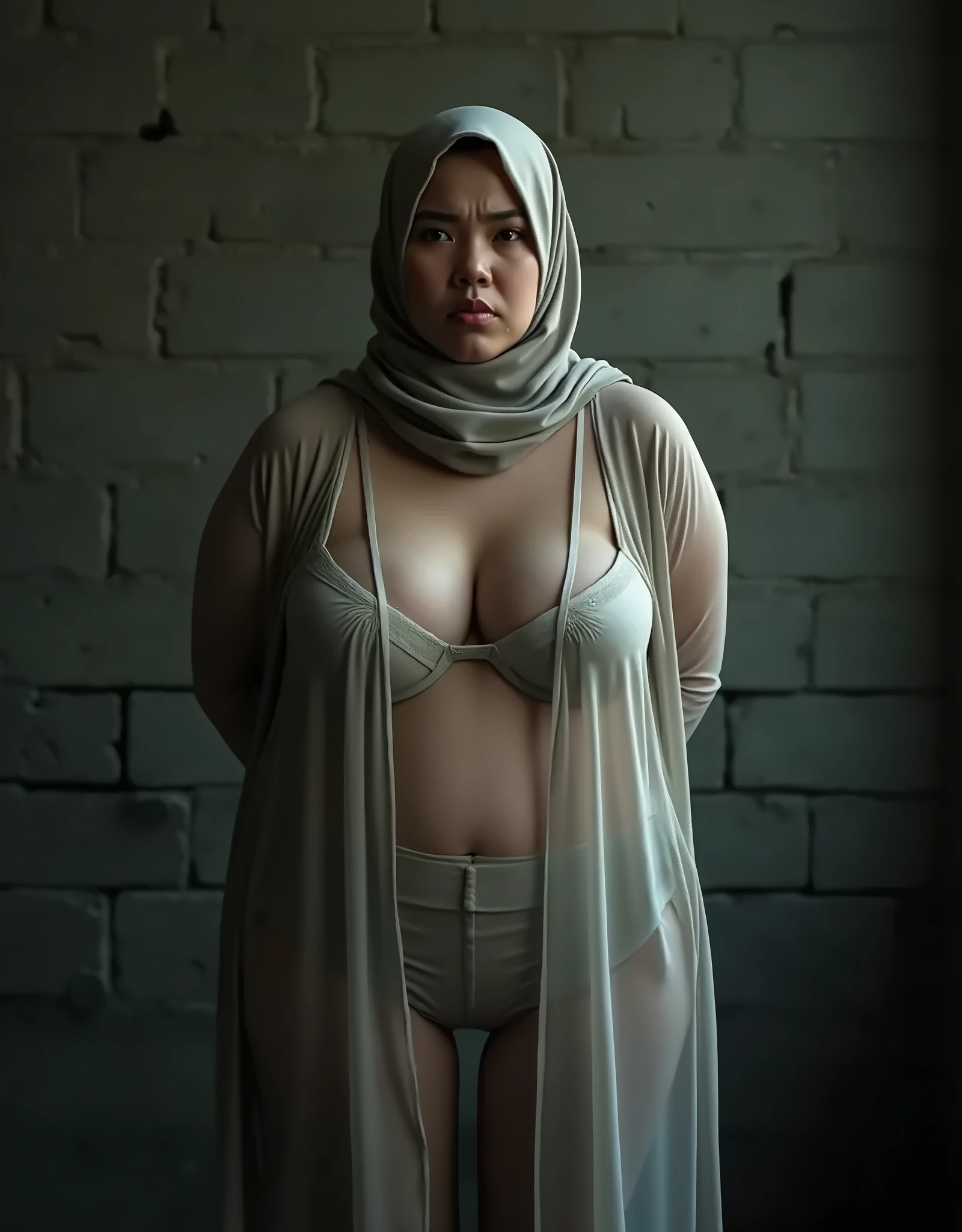 gigantic voluptuous old, 18 years, thin waist,( whole body), toned, a person in a fine white lace robe, arte cyberpunk by Russell Dongjun Lu, trend on CGsociety,  Light rays, rays of god, muscular, realist, old, sexy legs, black high heel shoes