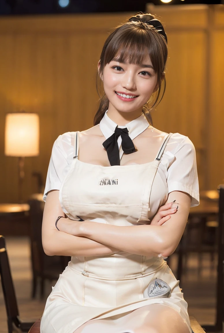 (((full body,including legs)))、(((cute counter staff,little smile,blush,red cheek,in the cafeterria,open legs apart,sitting down the chair))),(((perfect uniform of Japanese stewardess, black vest-dress uniform,white tight blouse,black mini skirt,black high-heel,little smile,white blouse,tight blouse))) ,high heel、Dressed up、(Photo real:1.4)、(A hyper-realistic:1.4)、(Photorealistic:1.3)、 (gentle lighting: 1.05)、(Improve the lighting quality of your video:0.9)、32k、 1Girl、28years old girl、photorealistic lighting、Back lighting、Facial Lights、Ray Trace、(bright:1.2)、(Increase quality:1.4)、 (best quality real texture skin)、Fair eyes,Delicate and delicate face, Close-up of the face, white blouse,tight blouse,tight black vest-dress uniform,black mini skirt, (Bodyline mood improvement:1.1)、good figure,Glossy skin、wavy hair,curly hair,blonde hair,韓国アイドル、乃木坂アイドル、Sculptural Idol Pose、little smile,blush,Beautiful actress, (((large breasts,beautiful breasts))),(perfect row of teeth),slender waist and hip,beautiful long legs,full shot)、((8heads tall)、(((誘惑している、恥ずかしい)))、dynamic pose,gravure pose,(eye shadow),((red cheek、red lips)),Super Clean Night View、night time、blush,little smile,(((full shot)))、Super Clean Night View、night time,in the cafeterria,open legs apart,sitting down the chair))),