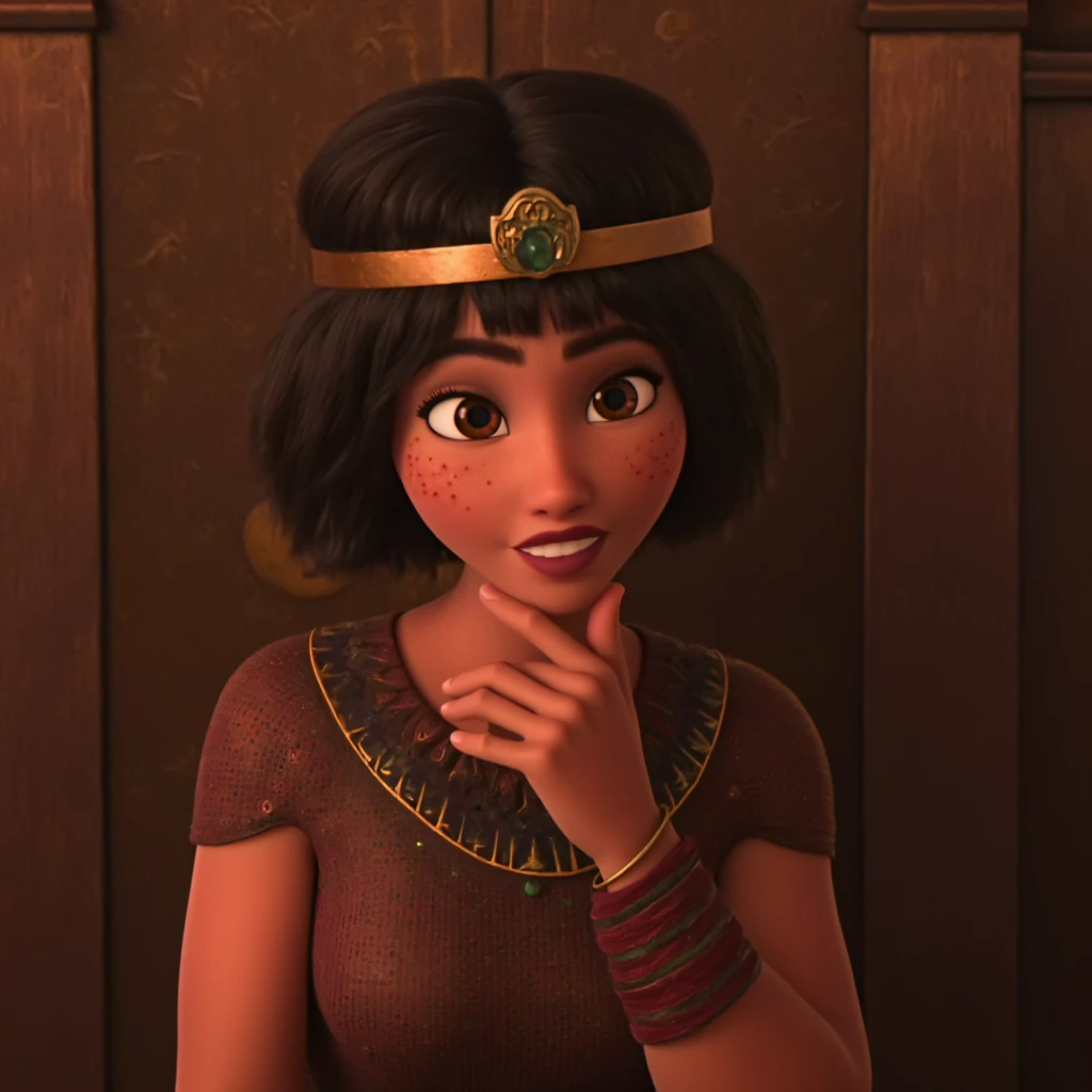 Woman, young, beautiful , cute , Egyptian , Dark-skinned ,dress , crown , jewellery , amber eyes , freckles, Disney, 3D Animation , sitting on the throne, happiness , fingers on chin