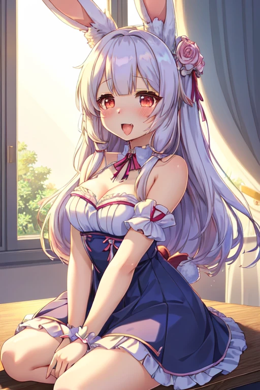score_9, score_8_up, score_7_up, source_anime, masterpiece, absurdres, medium breasts, perfect face, 1girl, cute expression, amused, smiling, background: bedroom, alisamikhailovna, alisamikhailovna kujou, long hair, bangs, blue eyes, tiara, ahoge, gray hair, red ribbon, (cat lingerie:1.1), (red lingerie:1.1)