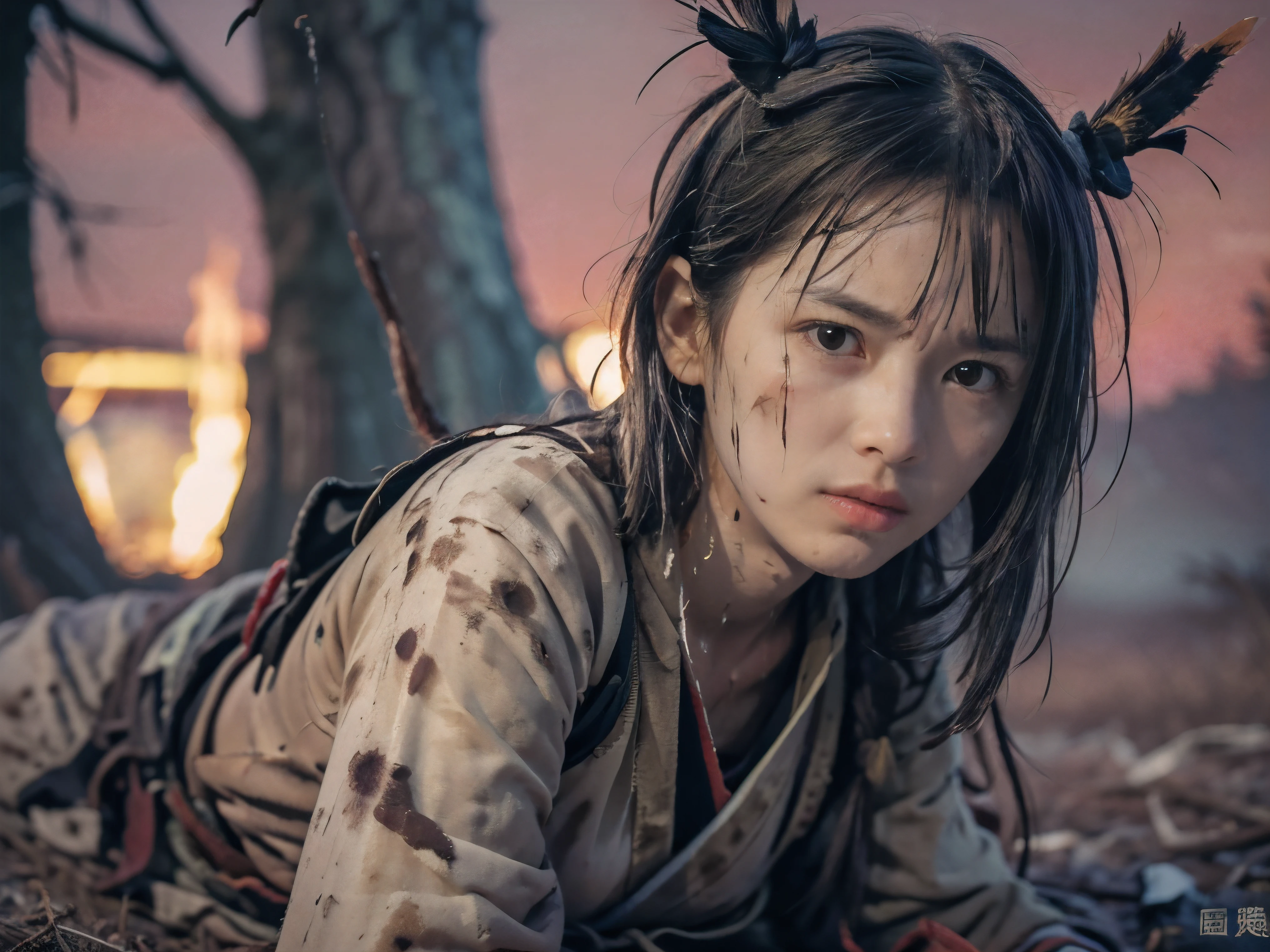 (Low angle shot of one slender small breasts two side up black medium hair with bangs girl in a samurai black armor:1.5)、(One girl is lying with her back behind on the wilderness land at the Sengoku period in Japan with crying dirty sperm splashed face:1.5)、(One girl has splashed sperm and blood on her face and body:1.5)、(One girl is tied_wrist by rope:1.5)、(The big fire and burning trees on the wilderness land with red sky:1.5)、(blurred background:1.5)、(Natural light:1.5)、(8k ultra detailed master piece:1.5)、(perfect anatomy:1.5)、(Photorealistic stick:1.5)、(Raw photo:1.3)、(highest quality:1.5)、(High resolution:1.3)、(Delicate and beautiful perfect face:1.3)、(Delicate and beautiful eye air skin:1.3)、(Real Human Skin:1.3)、((thin legs))
