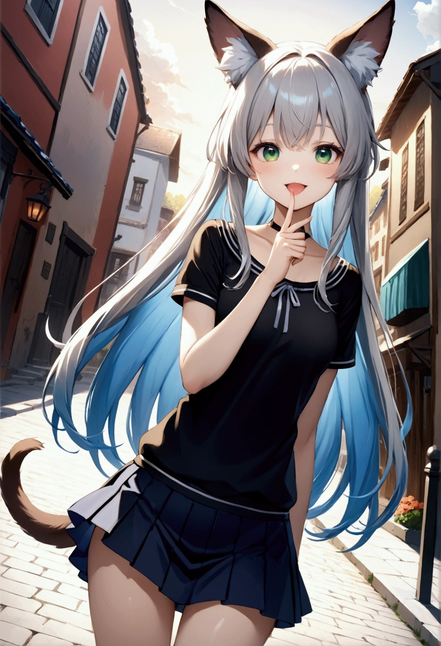 1 girl 、cute、green eyes, Gray Hair, Long Hair,  like fur ,Animal ears,Tail,  Mini Pleated Skirt  , masterpiece、Noise Reduction、 Perfect Anatomy、 High Resolution 、Super detailed、Game CG、 Dutch angle、  beautiful details 、Visual Arts、Perfect hands、Bright lighting、smile、Open your mouth、town、Daytime、  fantasy 、Outdoor、blue sky、 White Clouds 、 standing、