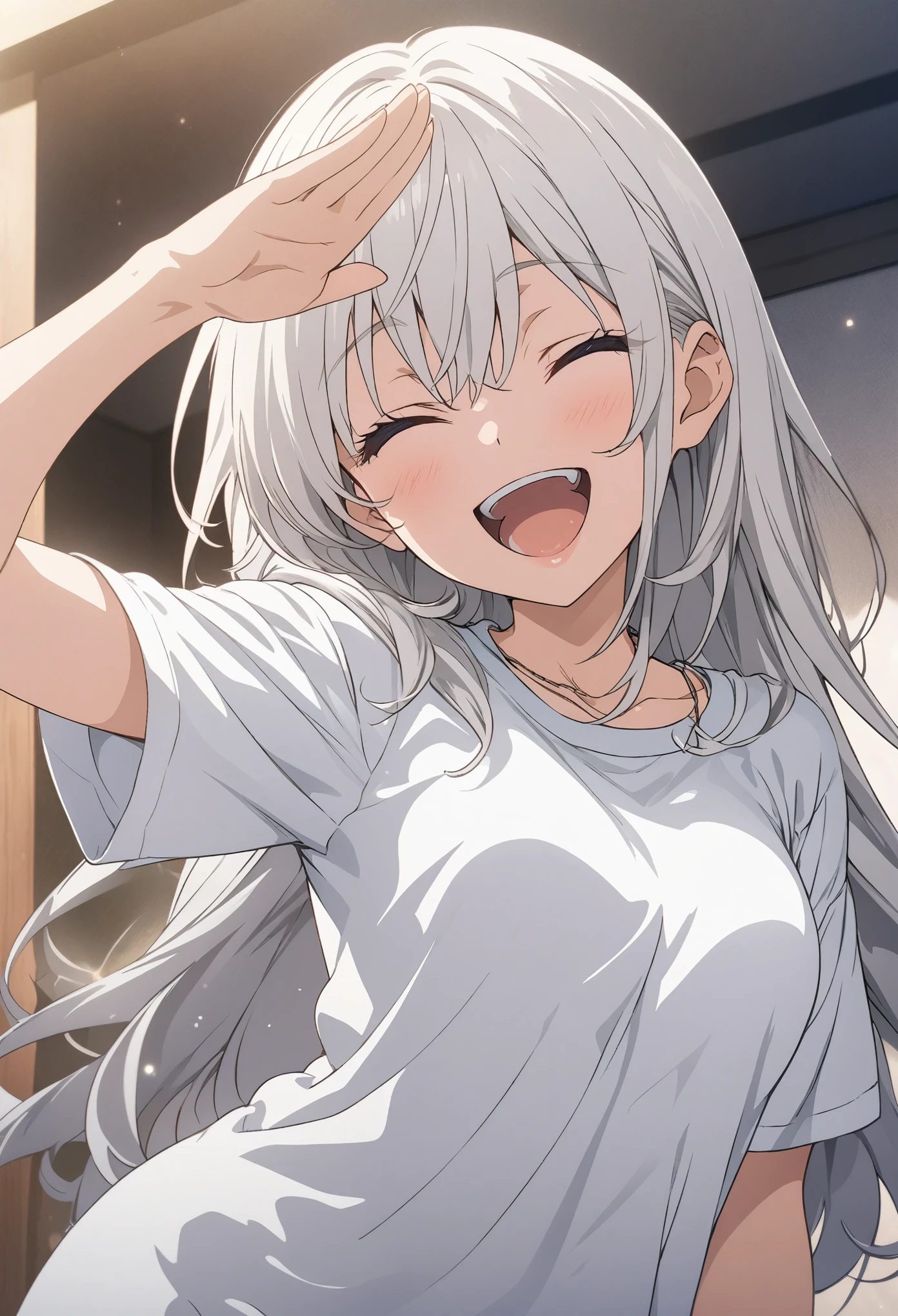 masterpiece, Best Quality, high-definition CG Unity 8K wallpaper , High school girl anime illustration. She wears a big long t-shirt 、salute、 she closes her eyes and opens her mouth, smile. White hair color