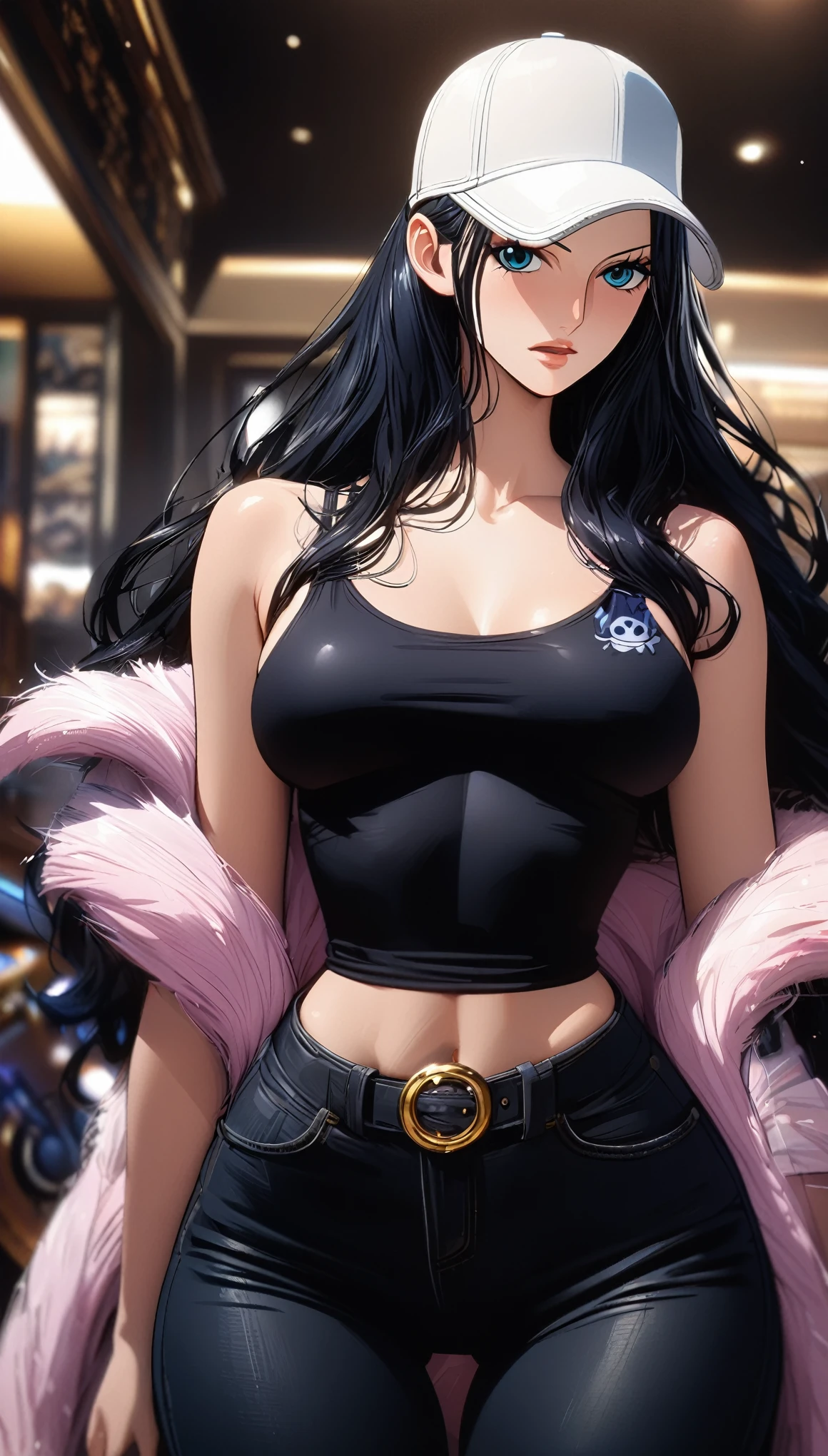 masterpiece, best quality), intricate details, 1 girl, woman, black hair, nico robin \ (one piece\), (long hair), baseball cap, black tank top, open fur jacket, large breast, black jeans, female focus, indoors, city, looking at viewer, ((front view)) ((close up shot)) ((solo)) detailed, very high resolution, no blurry image, cowboy shot, blue eyes, straight hair, ((nico robin from one piece)) ((female nico robin from one piece)), indoors, masterpiece, best quality), intricate, city 