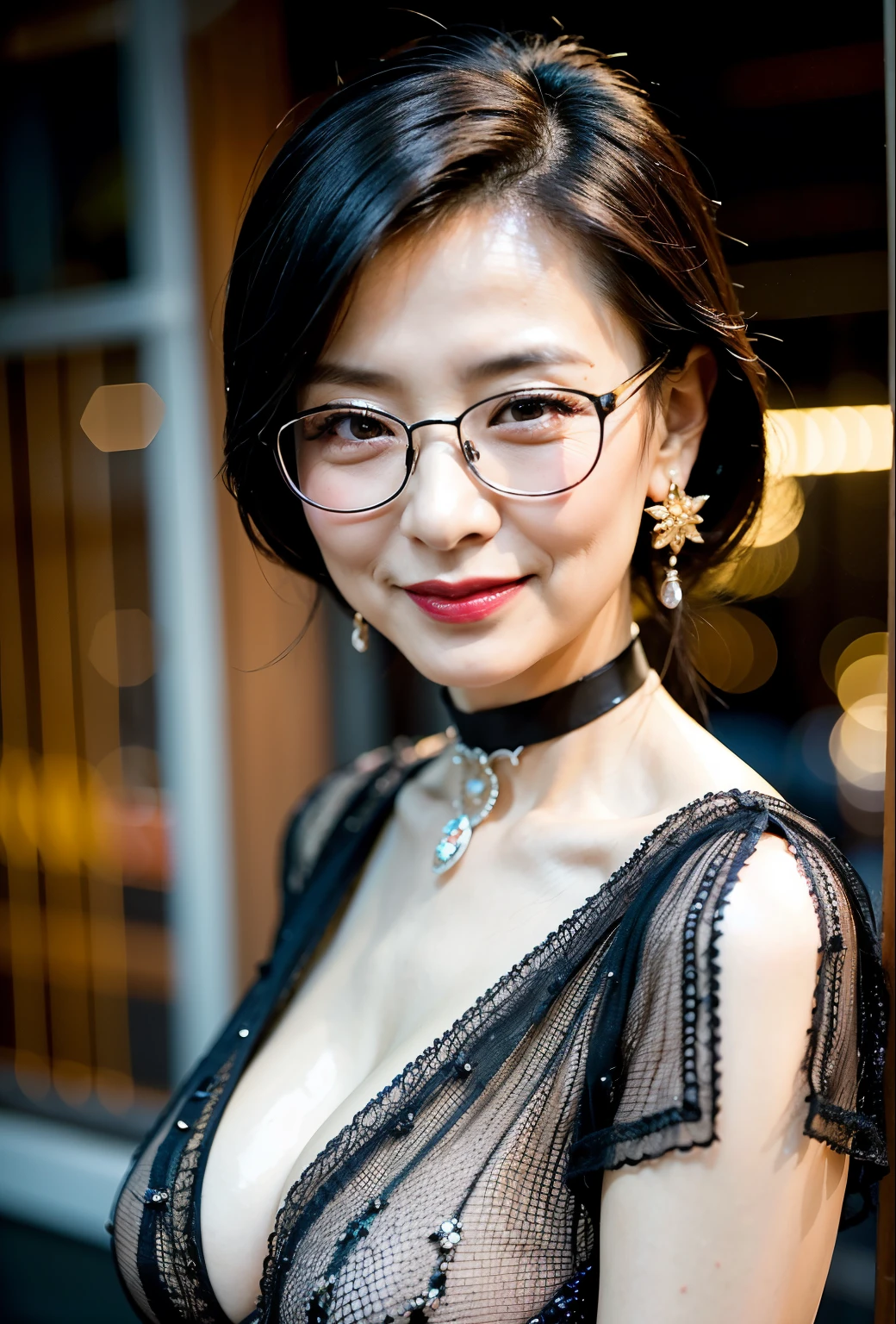 ((midnight, Need, 8K, tmasterpiece:1.3))，Long legs, Focalors:1.2, Plump body，Bust，perfect figure beautiful woman:1.4,((Dark brown hair, huge tit:1.2 )), (low chest，deep v big breasts，tight-fitting，stocklings，shift dresses，Floral dresses，Noble，fire works), Sexy，Lewdness，，Prostitutes，sexworker，red light district，Station street woman，prostitution，prostitution))，lots of people，Highly detailed facial and skin texture, A detailed eye, 二重まぶた，crowd of，wears glasses，Pear，Daisies，crisp breasts，Smile with，Bigger breasts, bob hair，crisp breasts，Get wet，Sweat profusely，Hot dance，Large bust，huge tit，wearing a choker，Wear earrings，head gear，Noble beauty，is shy，Be red in the face，Bulging chest，Full Tits，Peerless beauty，Side close-up，Side Body，Lateral face，Turn sideways