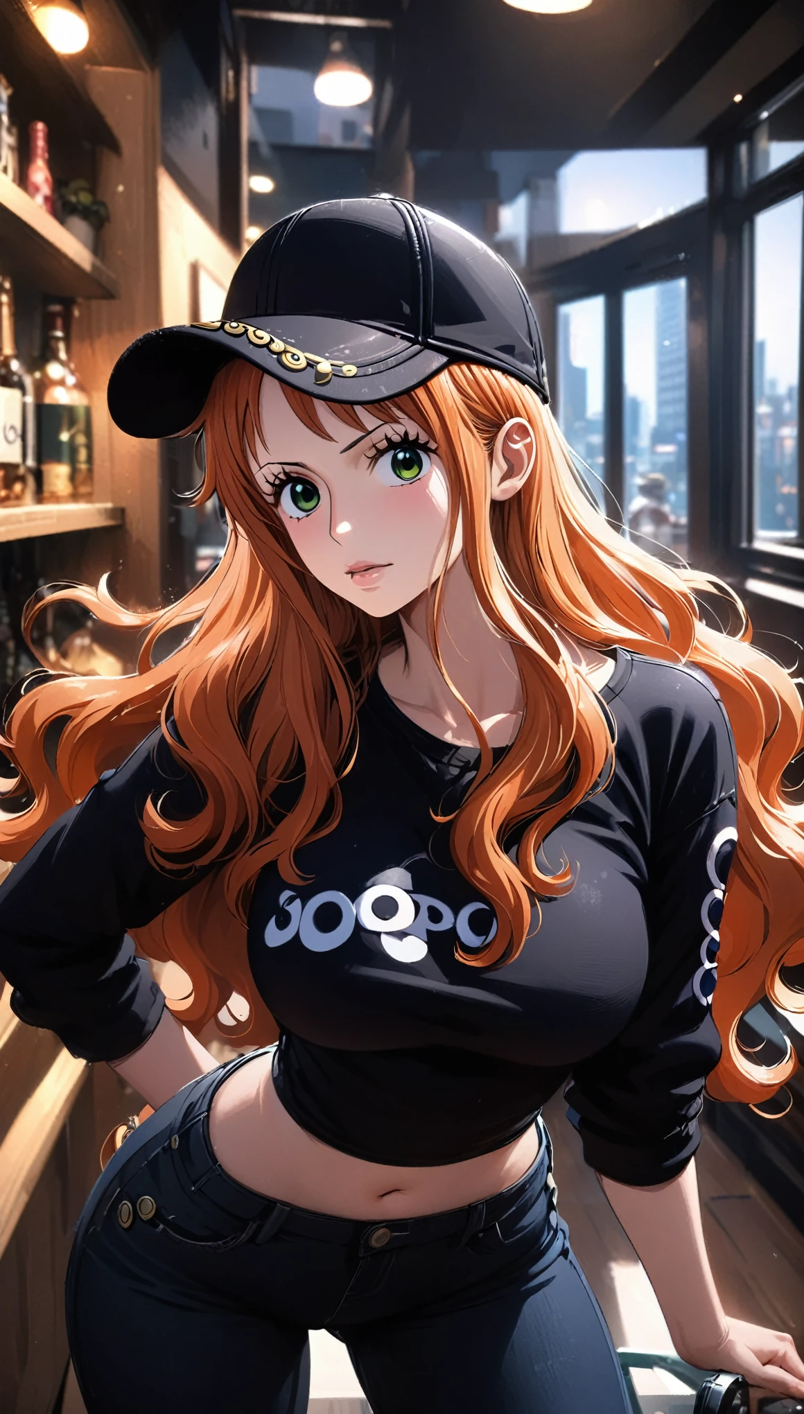 masterpiece, best quality), intricate details, 1 girl, woman, orange hair, nami \ (one piece\), (long hair), baseball cap, black t-shirt, open fur jacket, large breast, black jeans, female focus, indoors, city, looking at viewer, ((front view)) ((close up shot)) ((solo)) ((hair over one side of face)) detailed, very high resolution, no blurry image, full body, green eyes, sligh wavy hair, ((nami from one piece)) ((female nami from one piece)), indoors, city