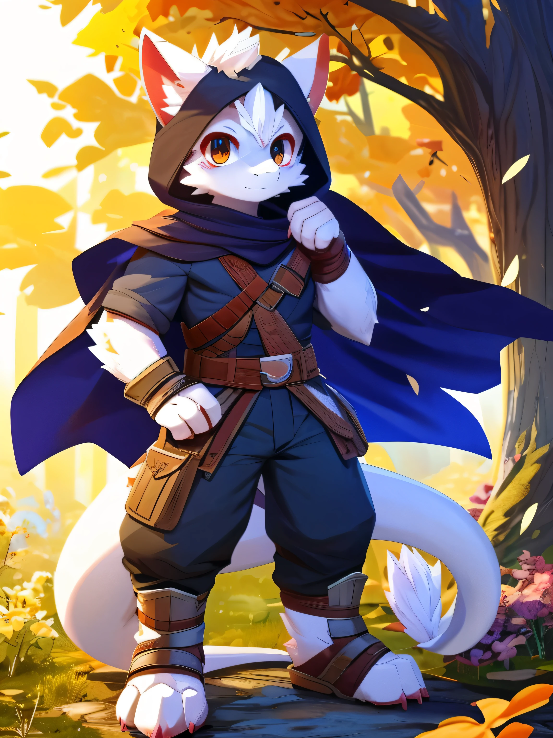 nj5furry,kemono,full-length portrait,anthro,hi res,male,White hair,dragon,orange-red skin,strong,adventurer,dragon角,Black hood, fluffy hair ,White Armor,Short sleeve,trousers, bandage leggings ,Metal Gauntlets,Black cape,A tail,Hairy tail, white plush paws,Golden pupils, with delicate eyes , detailed eyes