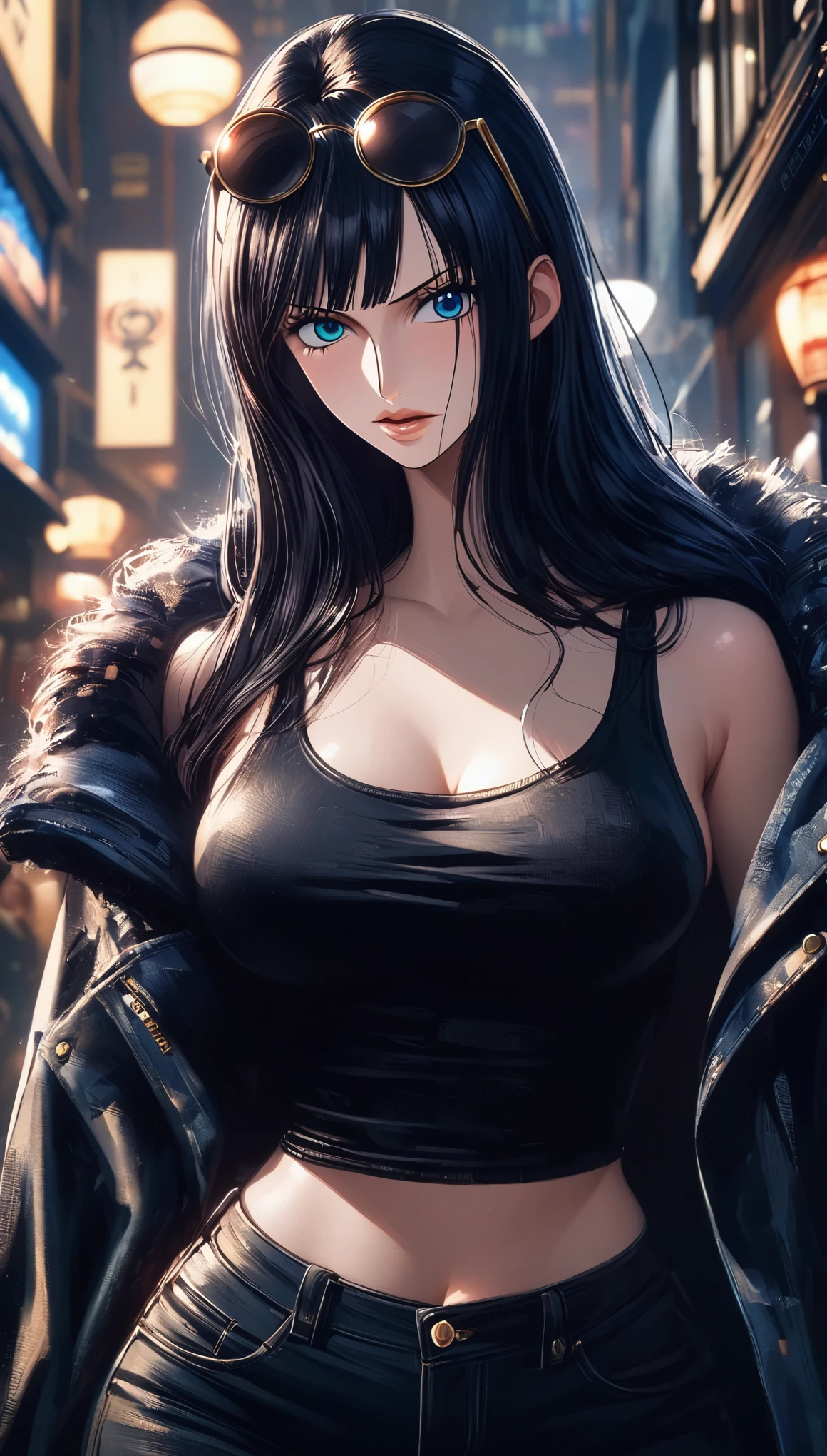 masterpiece, best quality), intricate details, 1 girl, woman, black hair, nico robin \ (one piece\), (long hair), eyewear on head, black tank top, open fur jacket, large breast, black jeans, female focus, indoors, city, looking at viewer, ((front view)) ((close up shot)) ((solo)) detailed, very high resolution, no blurry image, full body, thigh, blue eyes, ((straight hair)), ((nico robin from one piece)) ((female nico robin from one piece)), indoors, city