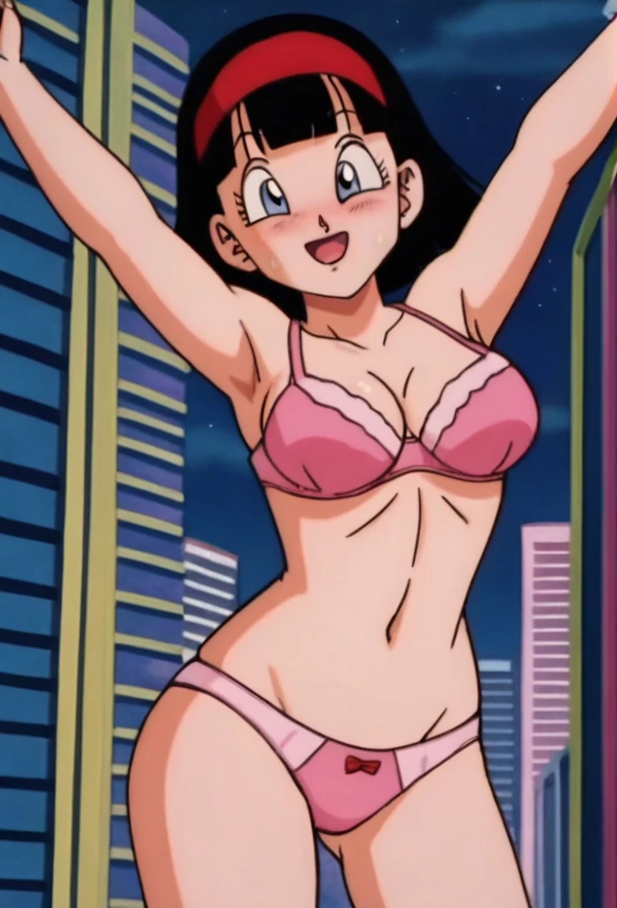 source_anime, score_9, score_8_up, score_7_up, anime screencap,
videl, dragon ball super, 1girl, solo, looking at viewer, blush, smile, short hair, bob cut,  blue eyes, city, black hair, cityscape, arms up, Naked, spiked hair, ;\), teeth, night sky, eyelashes, collarbone, No Panties, sweatdrop, sweat, excited, Pink Underwear, Pink Panties, Pink Bra, Blushing, Censored
