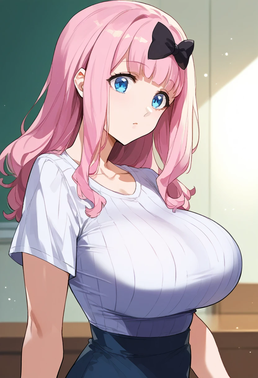 score_9, score_6_up, source_anime, 1girl, alone, , cowboy shot, chika, blue eyes, pink hair, hair bow, black bow,, huge breasts:1.5、long breasts 、High neck short sleeve grey ribbed T-shirt dress、、Are standing、From the side、 upper body