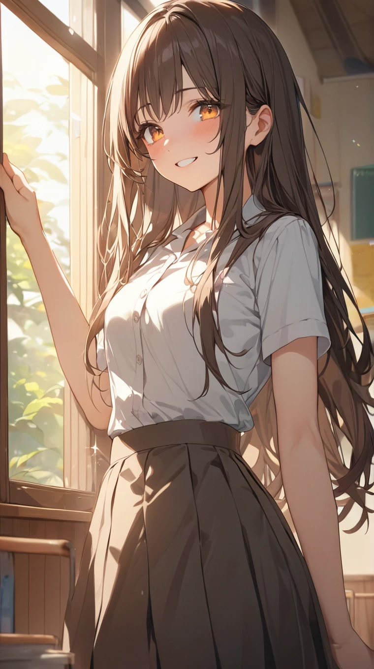 ((table top, highest quality, High resolution, perfect pixel, 4K))), 1 girl, single, alone, beautiful woman、I could see the whole body、 ((middle wavy hair, bangs, brown hair)), ((brown eyes, beautiful eyelashes, realistic eyes)), ((detailed face, blush:1.2)), ((smooth texture:0.75, realistic texture:0.65, realistic:1.1, Anime CG style)), medium breasts, dynamic angle, perfect body, ((transparent shirt, transparent nipples, white shirt, black skirt, plaid skirt)), City staircase、Angle looking up from the bottom of the stairs、Very embarrassing panic smile, looked back、leaning forward、(The wind flipped my skirt and exposed my butt.、Touching the buttocks with both hands、Light pink floral lace panties)、