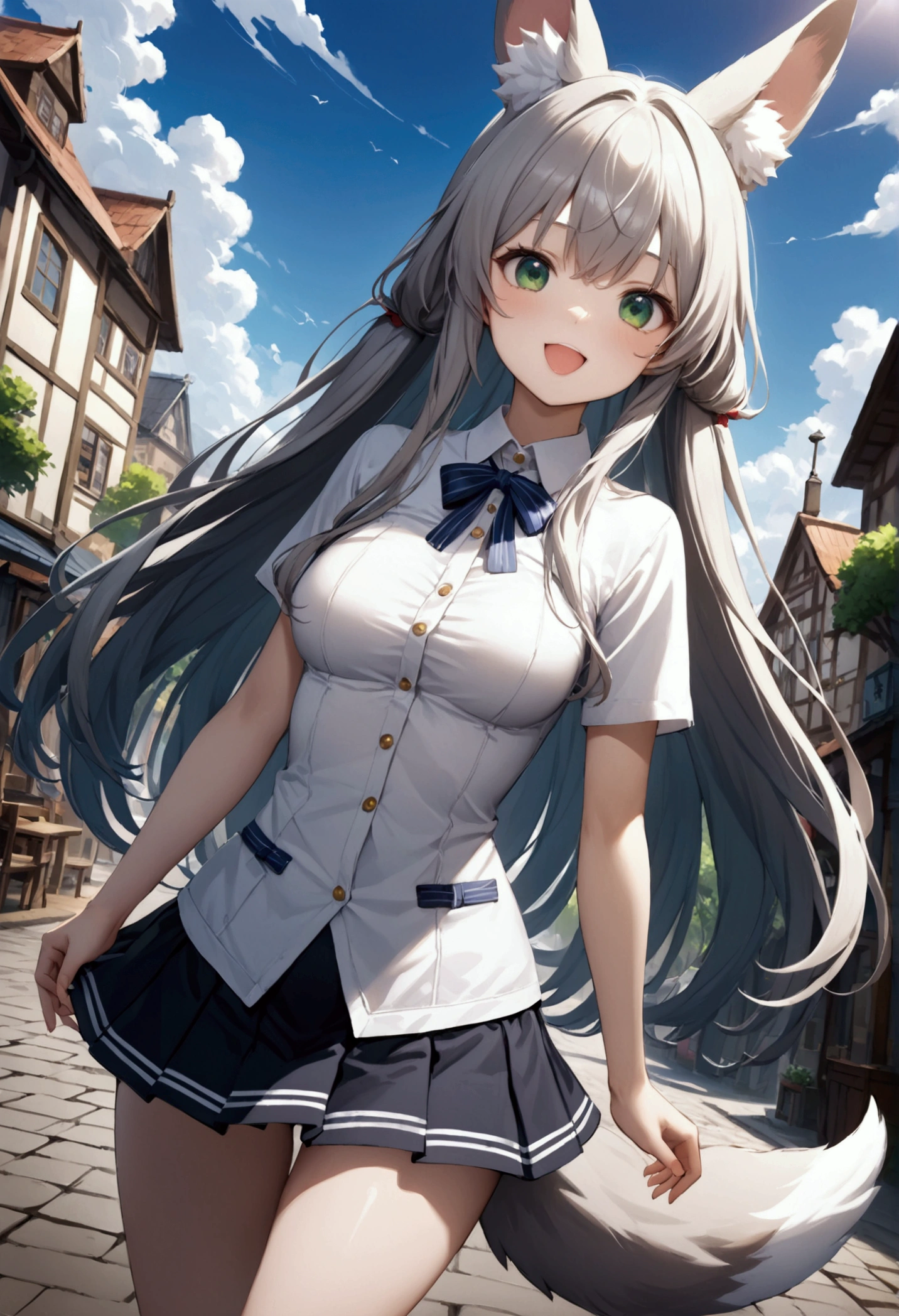 1 girl 、cute、green eyes, Gray Hair, Long Hair,  like fur ,Animal ears,Tail,  Mini Pleated Skirt  , masterpiece、Noise Reduction、 Perfect Anatomy、 High Resolution 、Super detailed、Game CG、 Dutch angle、  beautiful details 、Visual Arts、Perfect hands、Bright lighting、smile、Open your mouth、town、Daytime、  fantasy 、Outdoor、blue sky、 White Clouds 、 standing、