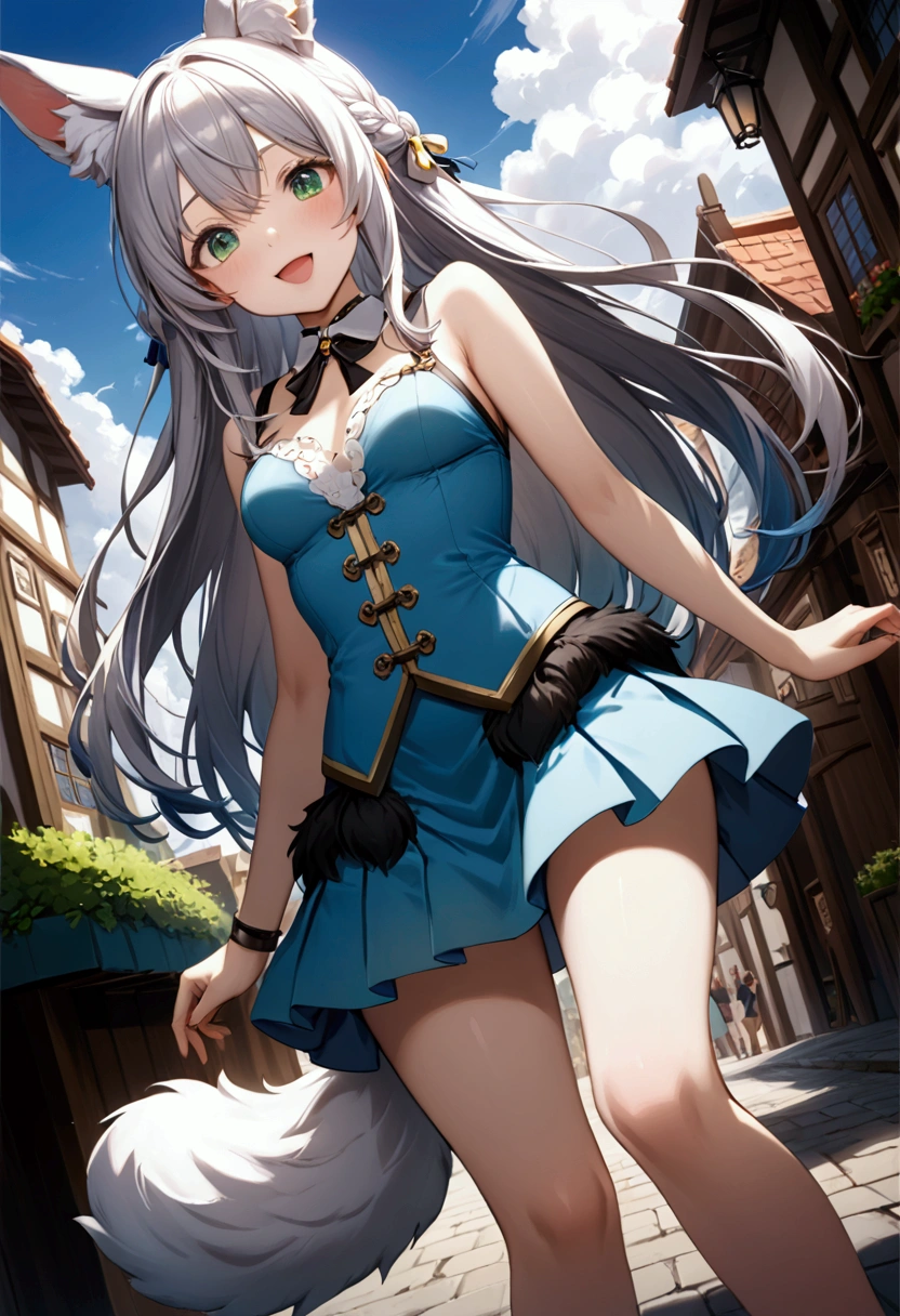 1 girl 、cute、green eyes, Gray Hair, Long Hair,  like fur ,Animal ears,Tail,  Mini Pleated Skirt  , masterpiece、Noise Reduction、 Perfect Anatomy、 High Resolution 、Super detailed、Game CG、 Dutch angle、  beautiful details 、Visual Arts、Perfect hands、Bright lighting、smile、Open your mouth、town、Daytime、  fantasy 、Outdoor、blue sky、 White Clouds 、 standing、