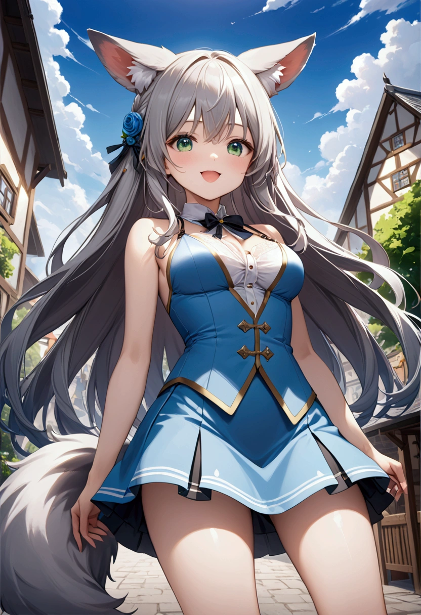 1 girl 、cute、green eyes, Gray Hair, Long Hair,  like fur ,Animal ears,Tail,  Mini Pleated Skirt  , masterpiece、Noise Reduction、 Perfect Anatomy、 High Resolution 、Super detailed、Game CG、 Dutch angle、  beautiful details 、Visual Arts、Perfect hands、Bright lighting、smile、Open your mouth、town、Daytime、  fantasy 、Outdoor、blue sky、 White Clouds 、 standing、