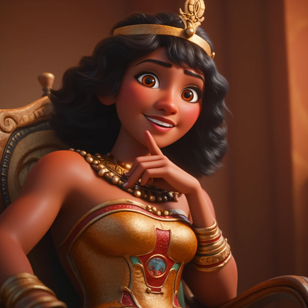 Woman, young, beautiful , cute , Egyptian , Dark-skinned , Egyptian dress , crown , jewellery , amber eyes , freckles, Disney, 3D Animation , sitting on the throne, happiness , fingers on chin