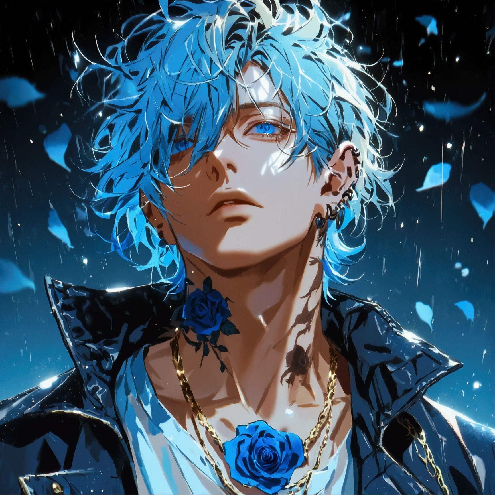 Alone, 1 male,  blond hair with blue inside ,  Fluttering Hair,blue eyes ,   jacket,stylish,,stylish,Ear Piercing, blue rose tattoo on neck ,   Gold Necklace  ,  Oversized shirt , look up with the naked eye ,  black background 