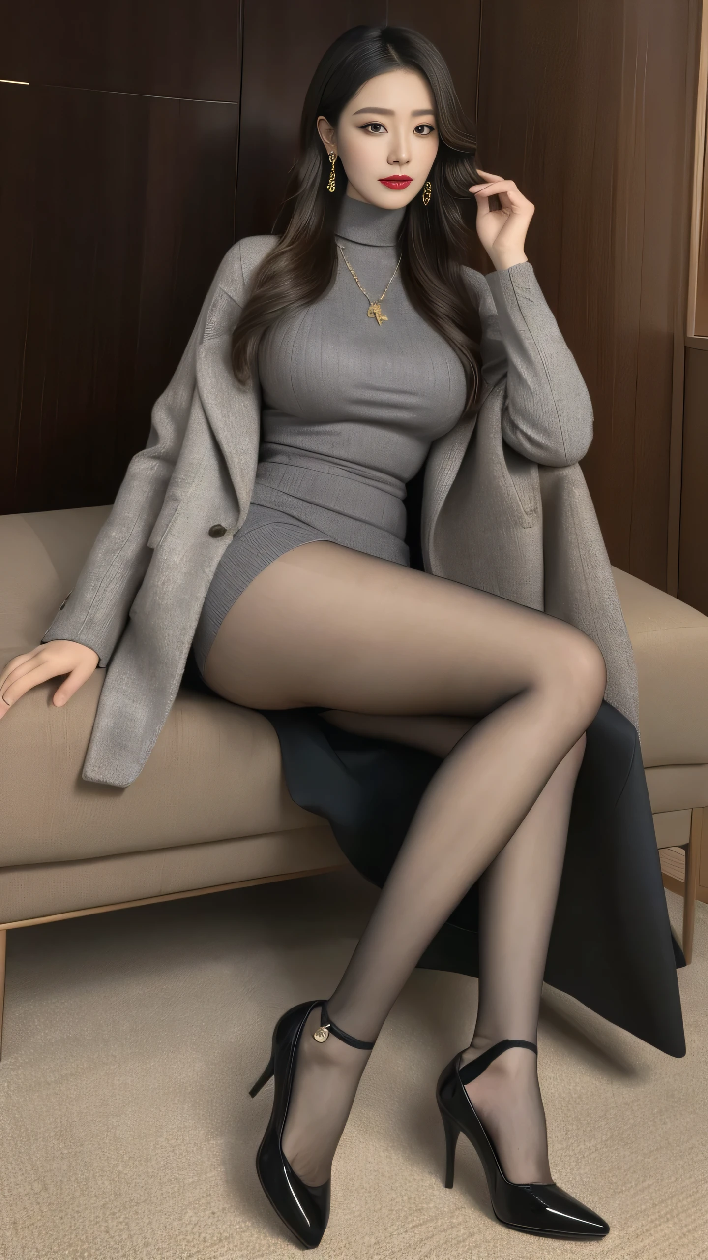 Full body, high heels, long legs, open legs, legs raised, black panties, big, ((Cinematic light, best quality, 8k, masterpiece: 1.3)), open legs, big eyes, long lashes, ((Cinematic light, best quality, 8k, masterpiece: 1.3)), selfie, 1 girl, beauty with slender abs: 1.4, (brown hair, huge: 1.3), oversized dress: 1.2, sofa, Ultra-detailed face, fine eyes, double eyelids --auto --s2